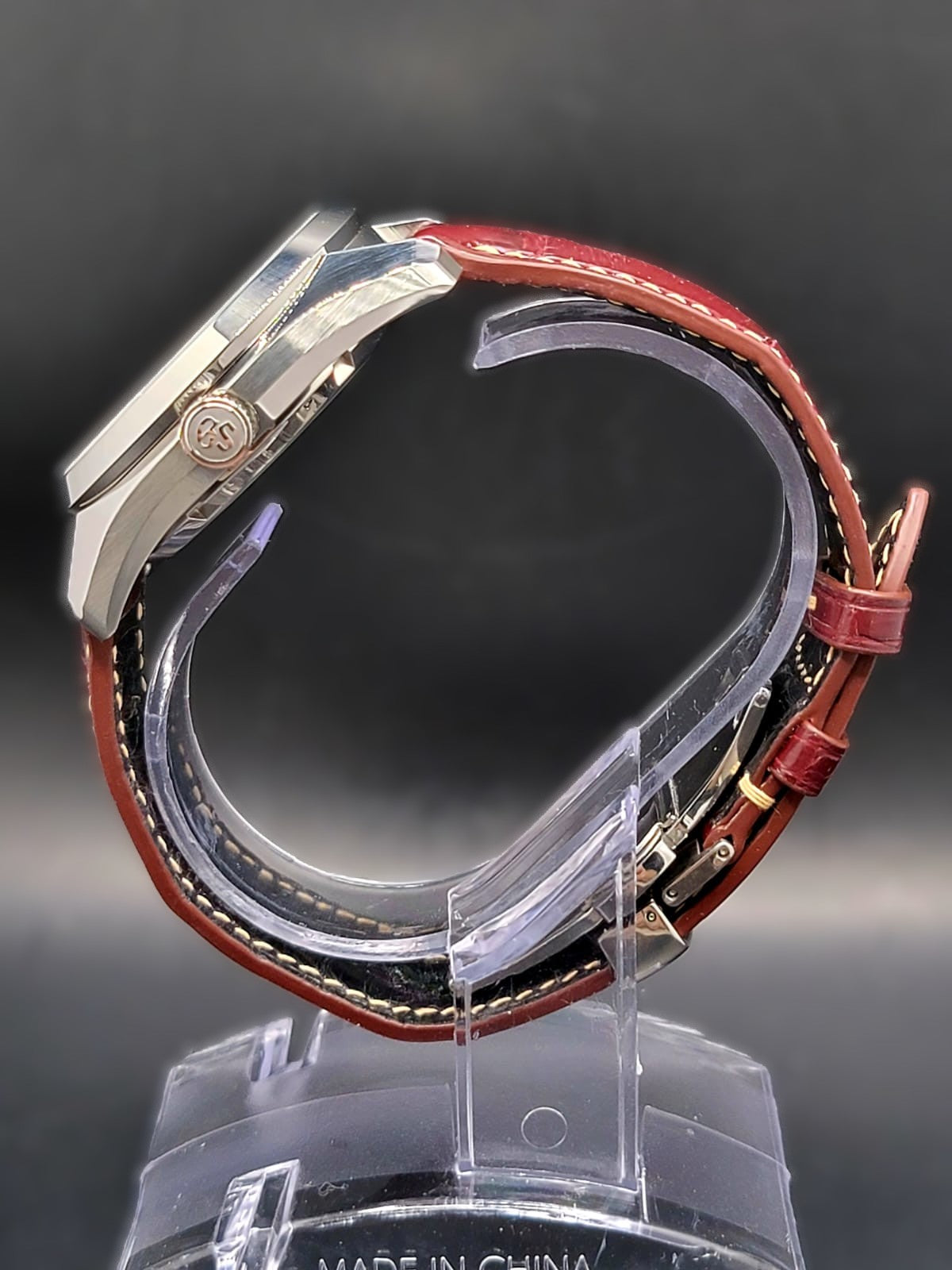 CUSTOM PREMIER LIMITLESS MOD (GRAND SEIKO HERITAGE GMT) BURGANDY DIAL, CUSTOM HANDMADE LEATHER BAND WITH BUTTERFLY CLASP, NH34GMT AUTOMATIC NEW **BUILD TO ORDER, SERIOUS INQUIRES ONLY PLEASE**