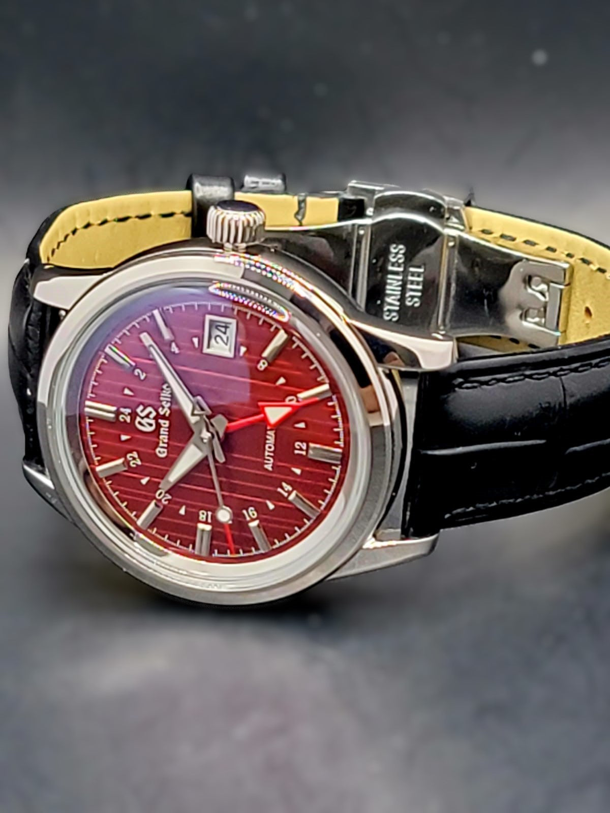 CUSTOM MOD (GRAND SEIKO ELEGANCE GMT) BURGANDY DIAL LEATHER STRAP AUTO NH34 NEW