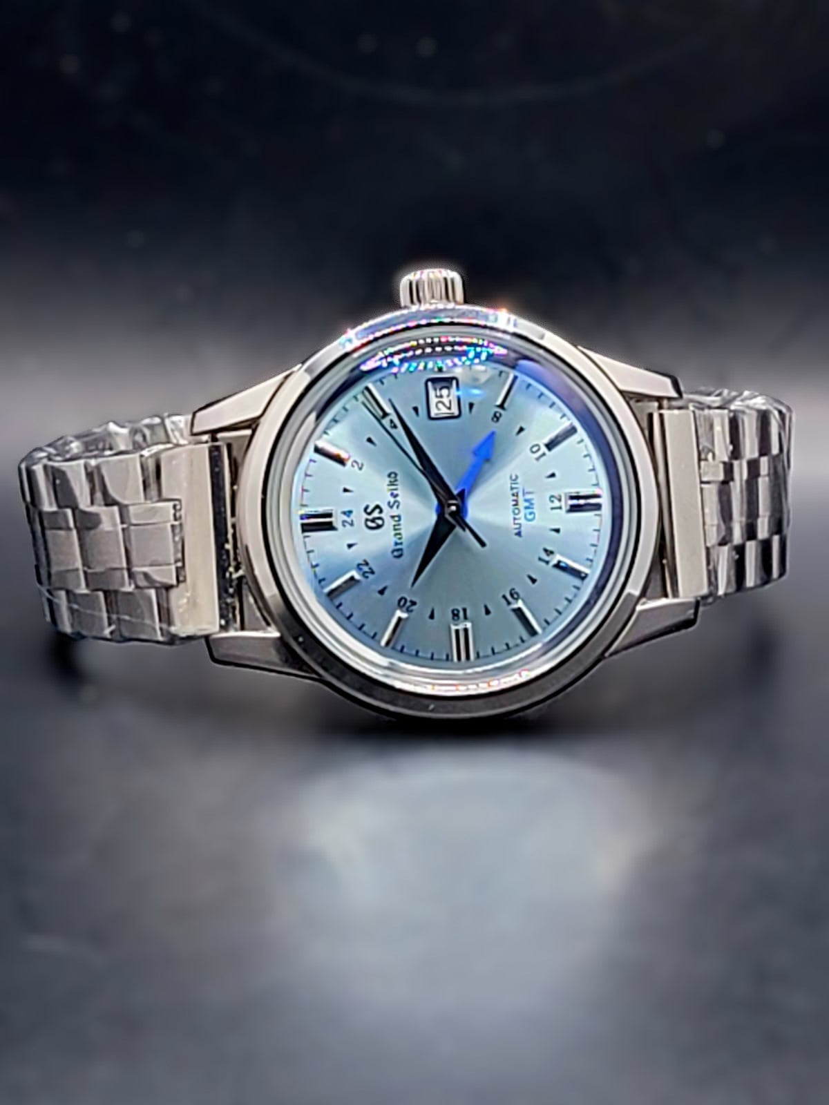 CUSTOM MOD (GRAND SEIKO ELEGANCE GMT) LT BLUE DIAL LEATHER STRAP AUTO NH34 NEW