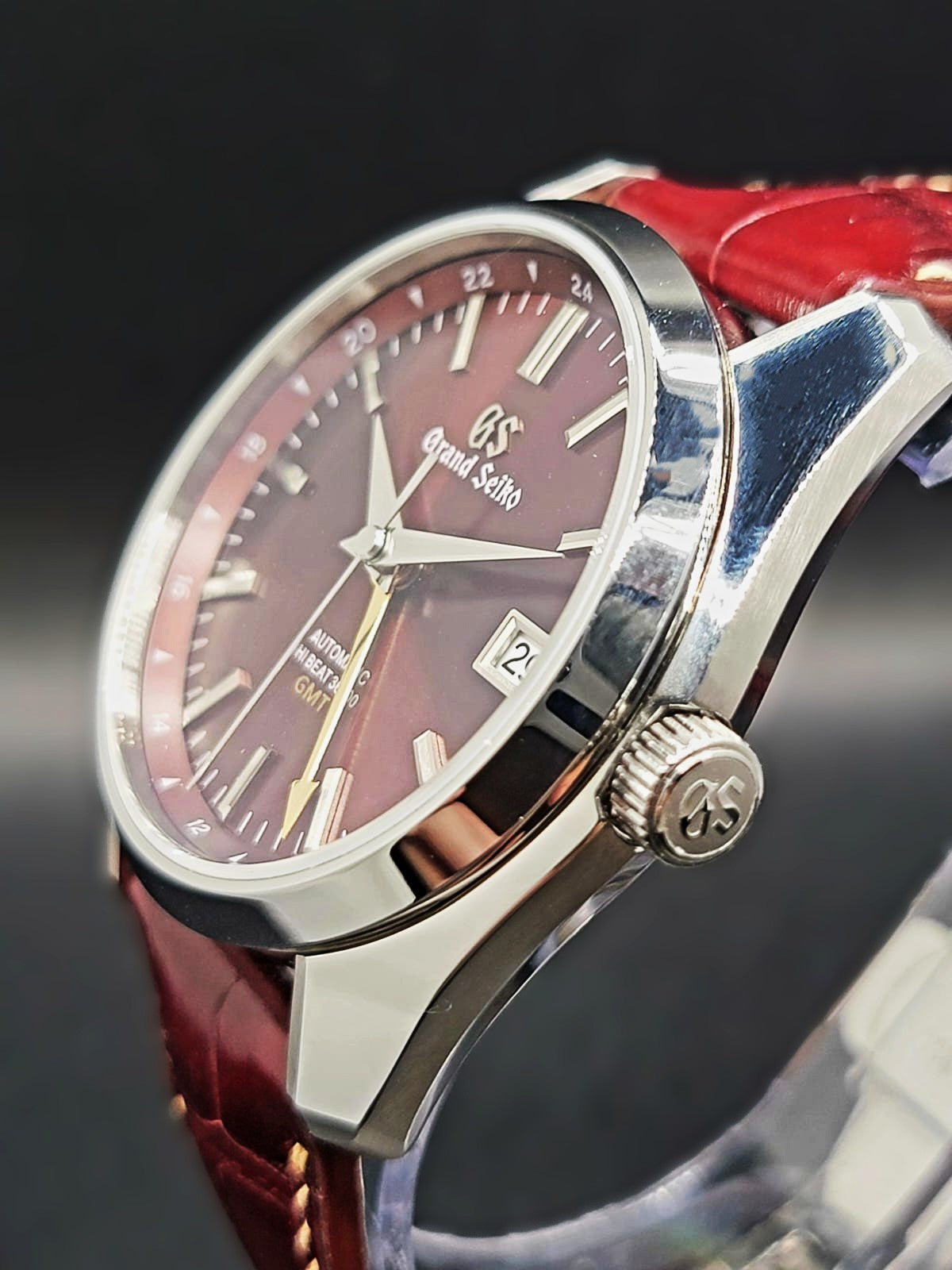 CUSTOM PREMIER LIMITLESS MOD (GRAND SEIKO HERITAGE GMT) BURGANDY DIAL, CUSTOM HANDMADE LEATHER BAND WITH BUTTERFLY CLASP, NH34GMT AUTOMATIC NEW **BUILD TO ORDER, SERIOUS INQUIRES ONLY PLEASE**