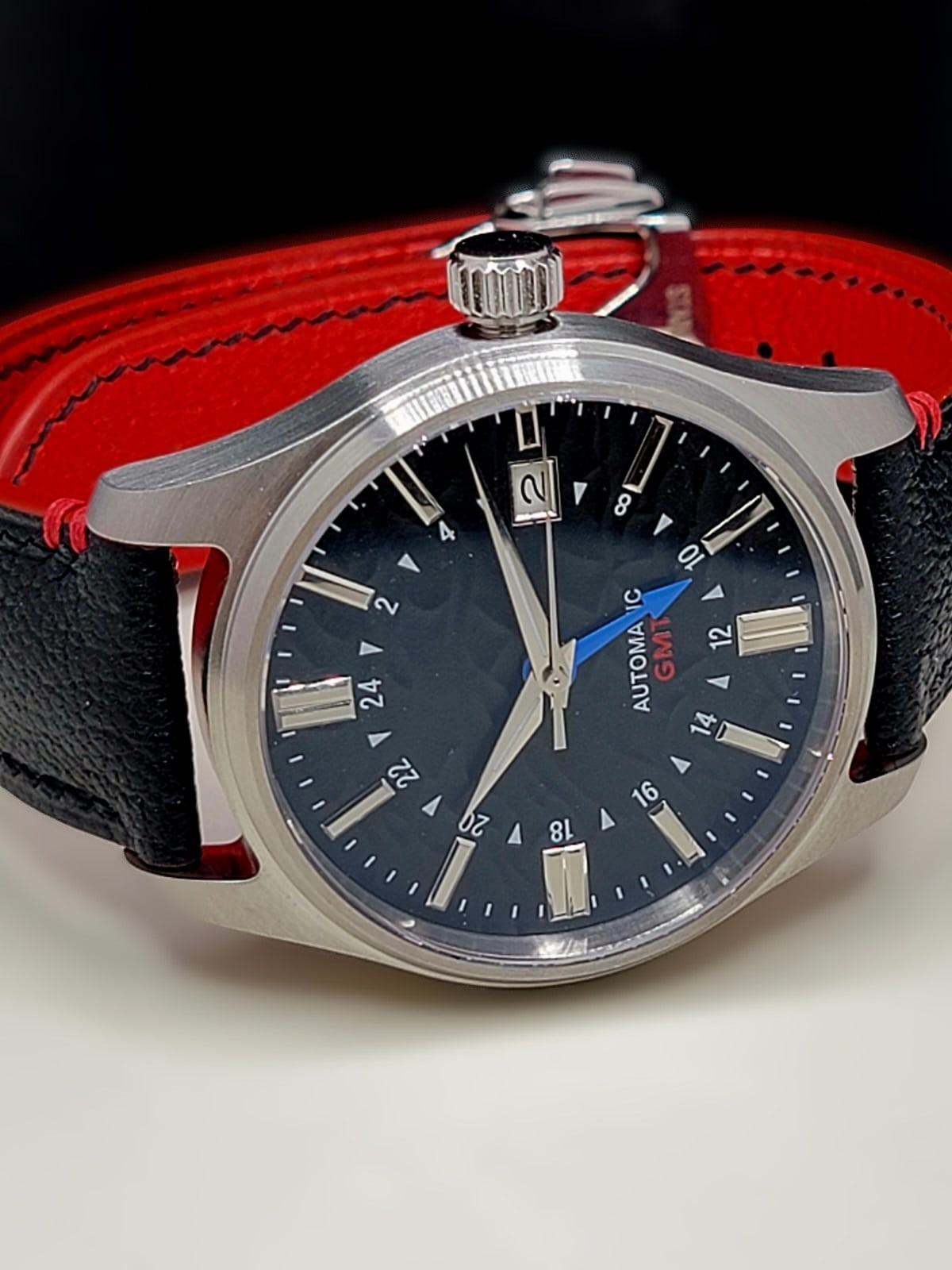 Sterile MOD 40mm Black Dial GMT **UPGRADED HIGH-QUALITY HAND-MADE BLACK / RED LEATHER BAND**- Sapphire NH34 GMT Automatic Men Watch NEW **INQUIRE FOR PRICING**
