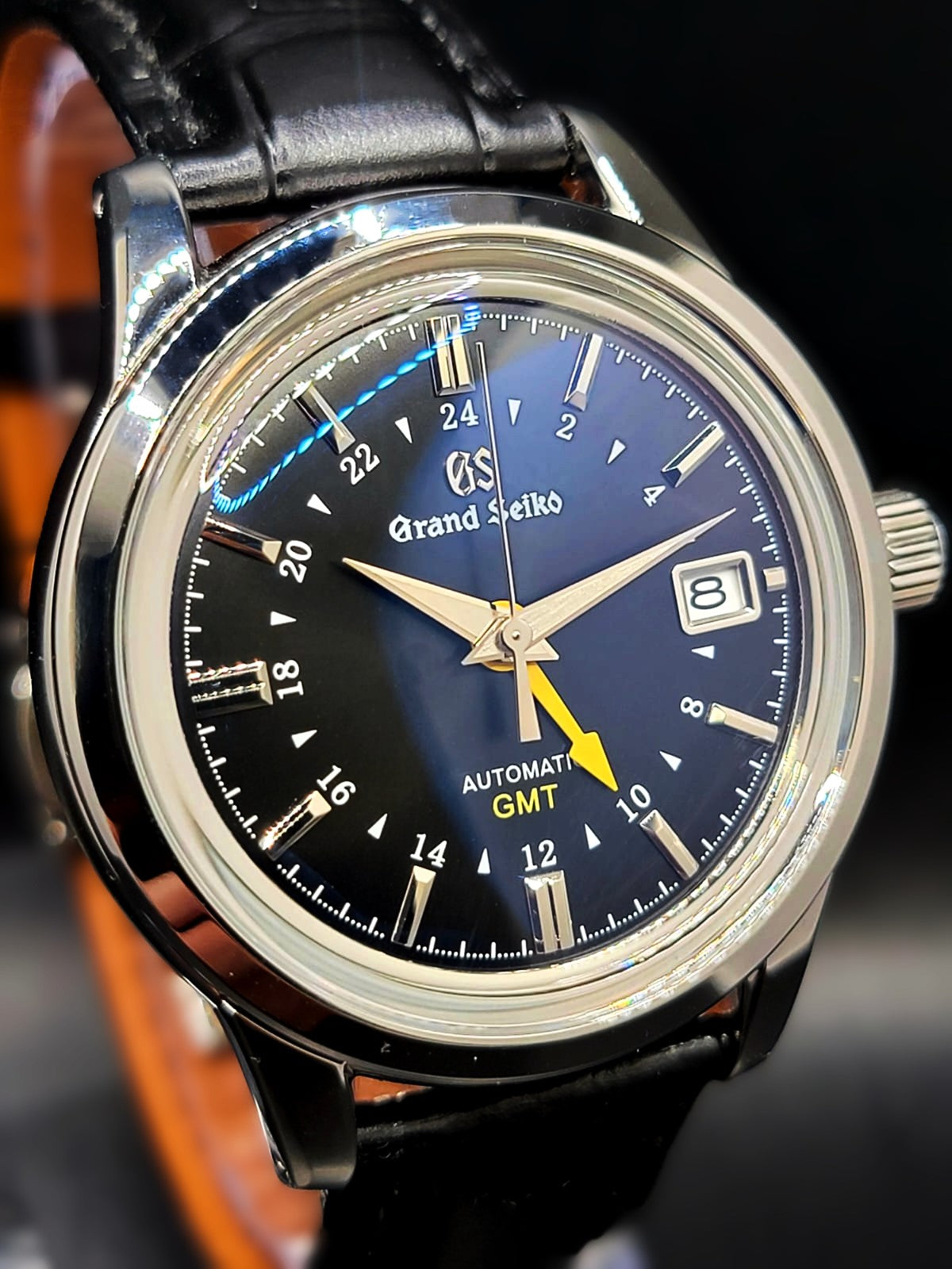 CUSTOM MOD (GRAND SEIKO ELEGANCE GMT) BLACK DIAL LEATHER BAND AUTO NH34GMT NEW