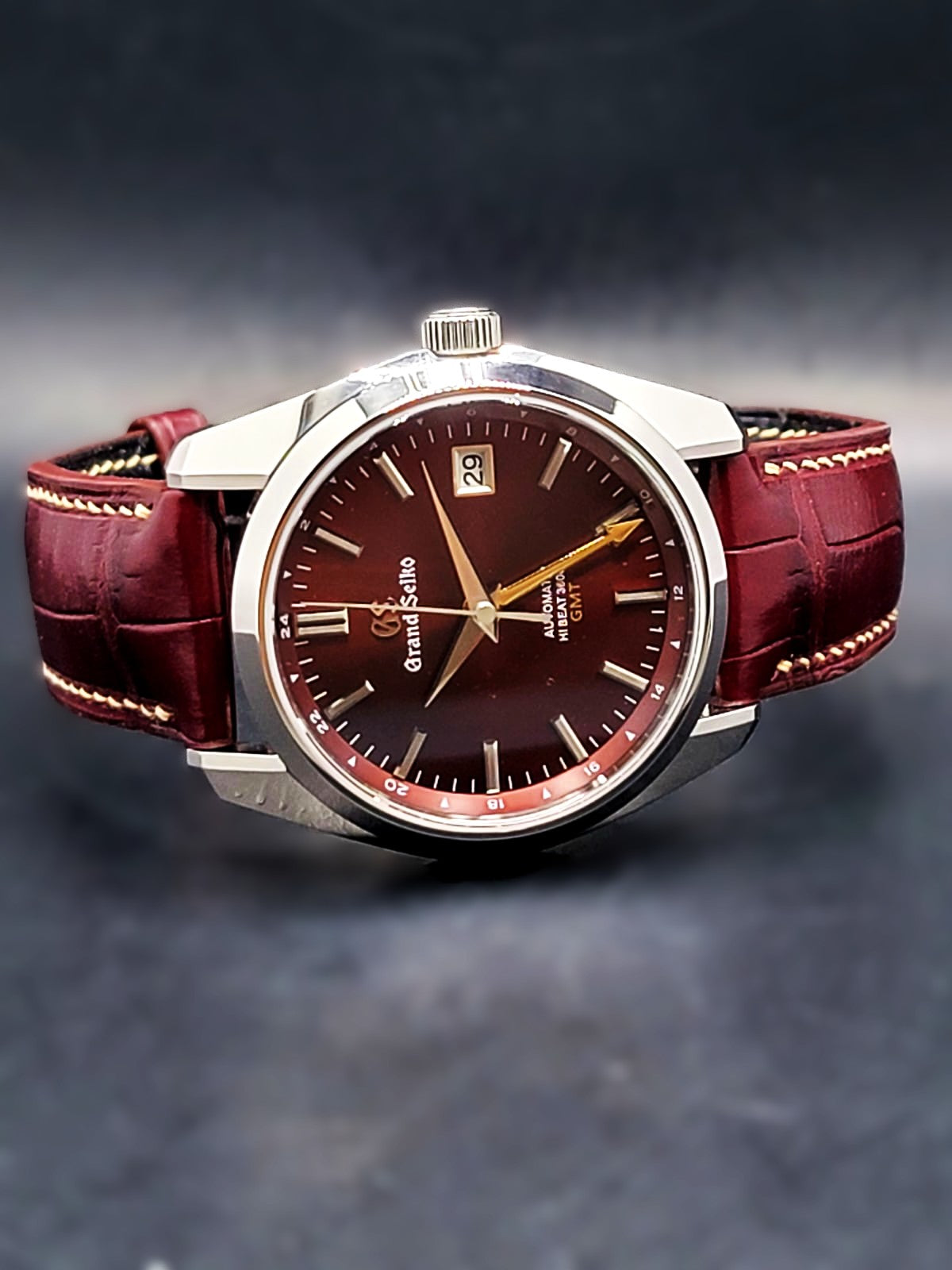CUSTOM PREMIER LIMITLESS MOD (GRAND SEIKO HERITAGE GMT) BURGANDY DIAL, CUSTOM HANDMADE LEATHER BAND WITH BUTTERFLY CLASP, NH34GMT AUTOMATIC NEW **BUILD TO ORDER, SERIOUS INQUIRES ONLY PLEASE**