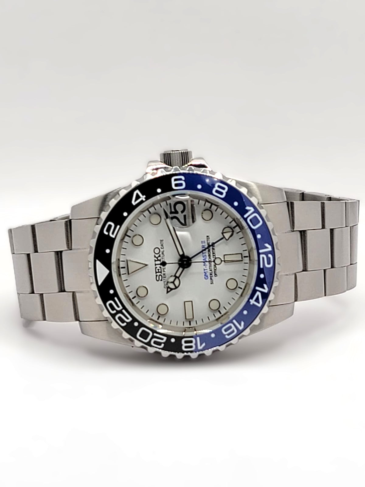 CUSTOM PREMIER MOD (SEIKO ICED BATMAN GMT) WHITE DIAL, S.S.BRACELET, NH34GMT AUTOMATIC NEW **BUILD TO ORDER, SERIOUS INQUIRIES ONLY PLEASE!**