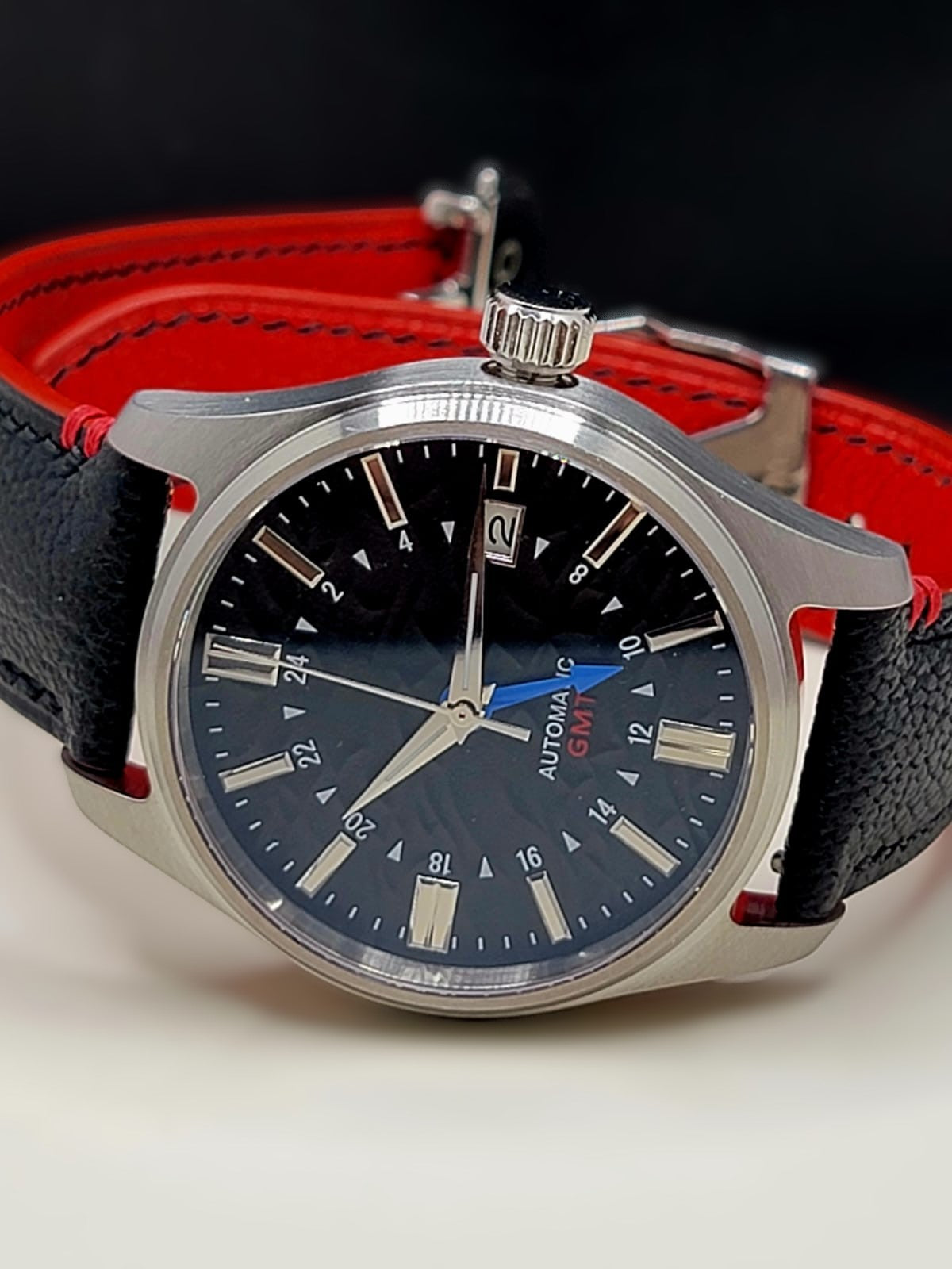 Sterile MOD 40mm Black Dial GMT **UPGRADED HIGH-QUALITY HAND-MADE BLACK / RED LEATHER BAND**- Sapphire NH34 GMT Automatic Men Watch NEW **INQUIRE FOR PRICING**