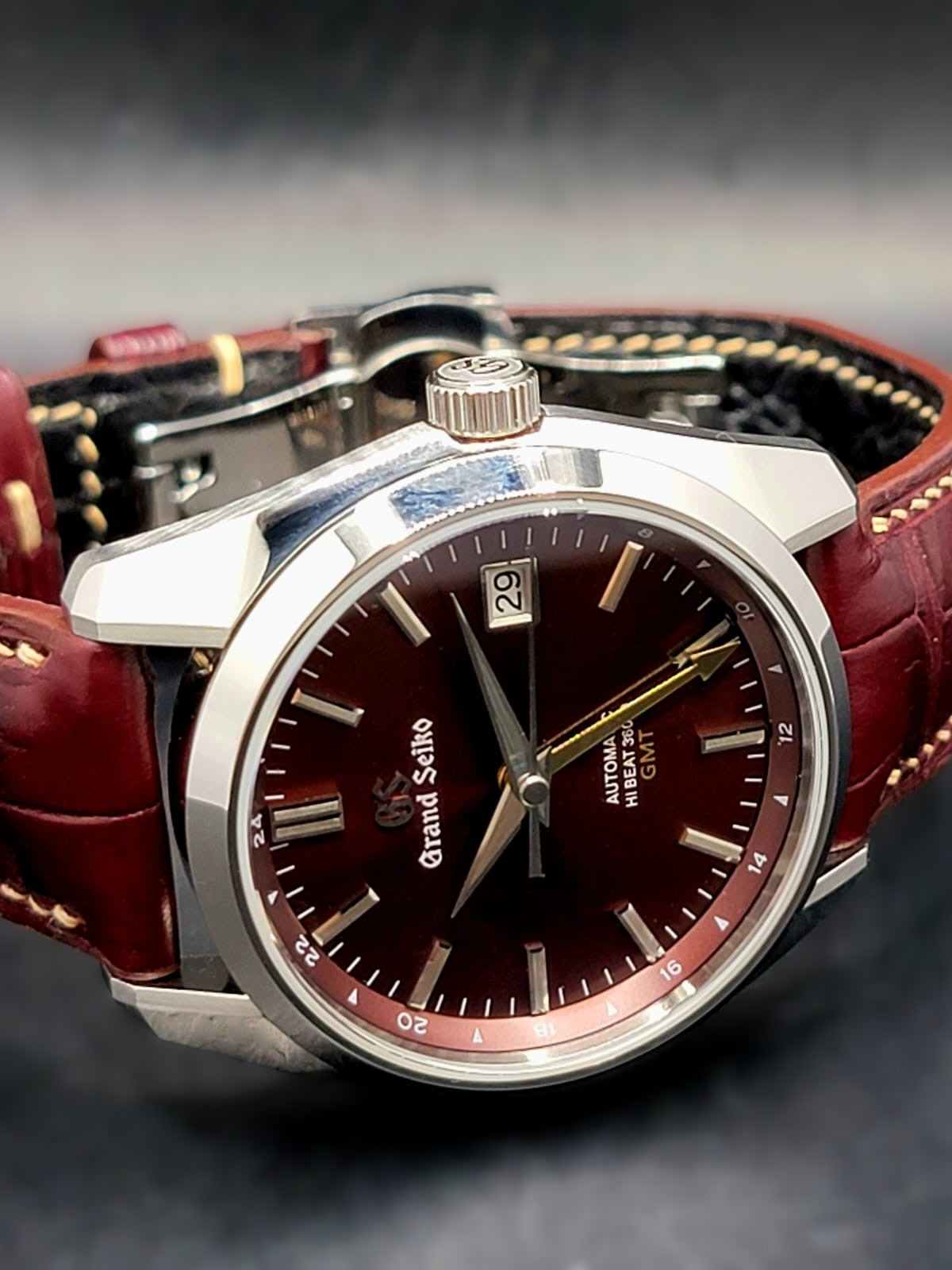 CUSTOM PREMIER LIMITLESS MOD (GRAND SEIKO HERITAGE GMT) BURGANDY DIAL, CUSTOM HANDMADE LEATHER BAND WITH BUTTERFLY CLASP, NH34GMT AUTOMATIC NEW **BUILD TO ORDER, SERIOUS INQUIRES ONLY PLEASE**