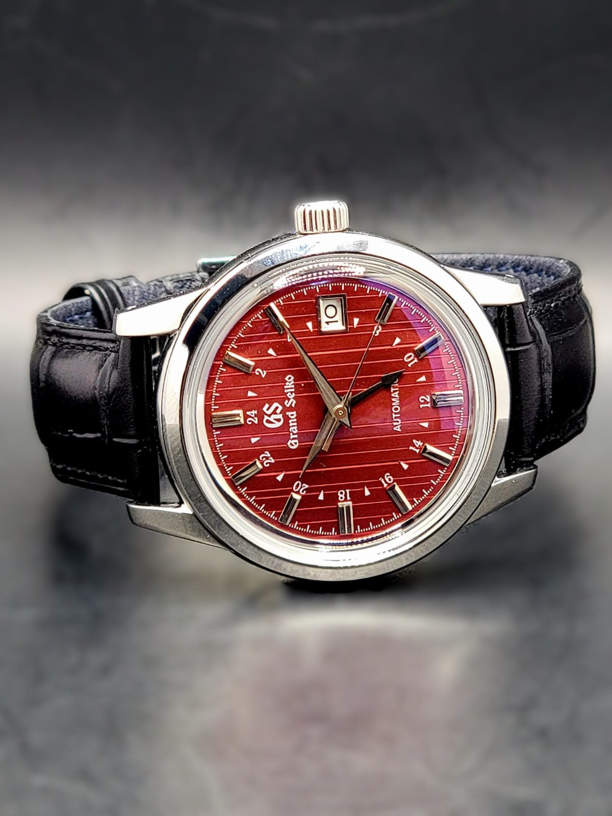 CUSTOM MOD (GRAND SEIKO ELEGANCE GMT) BURGANDY DIAL WITH BLACK GMT LEATHER STRAP AUTO NH34 NEW