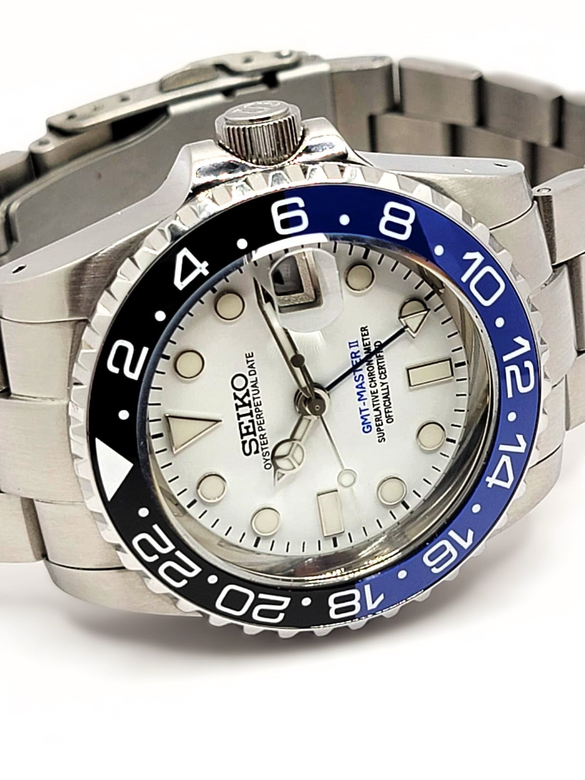 CUSTOM PREMIER MOD (SEIKO ICED BATMAN GMT) WHITE DIAL, S.S.BRACELET, NH34GMT AUTOMATIC NEW **BUILD TO ORDER, SERIOUS INQUIRIES ONLY PLEASE!**