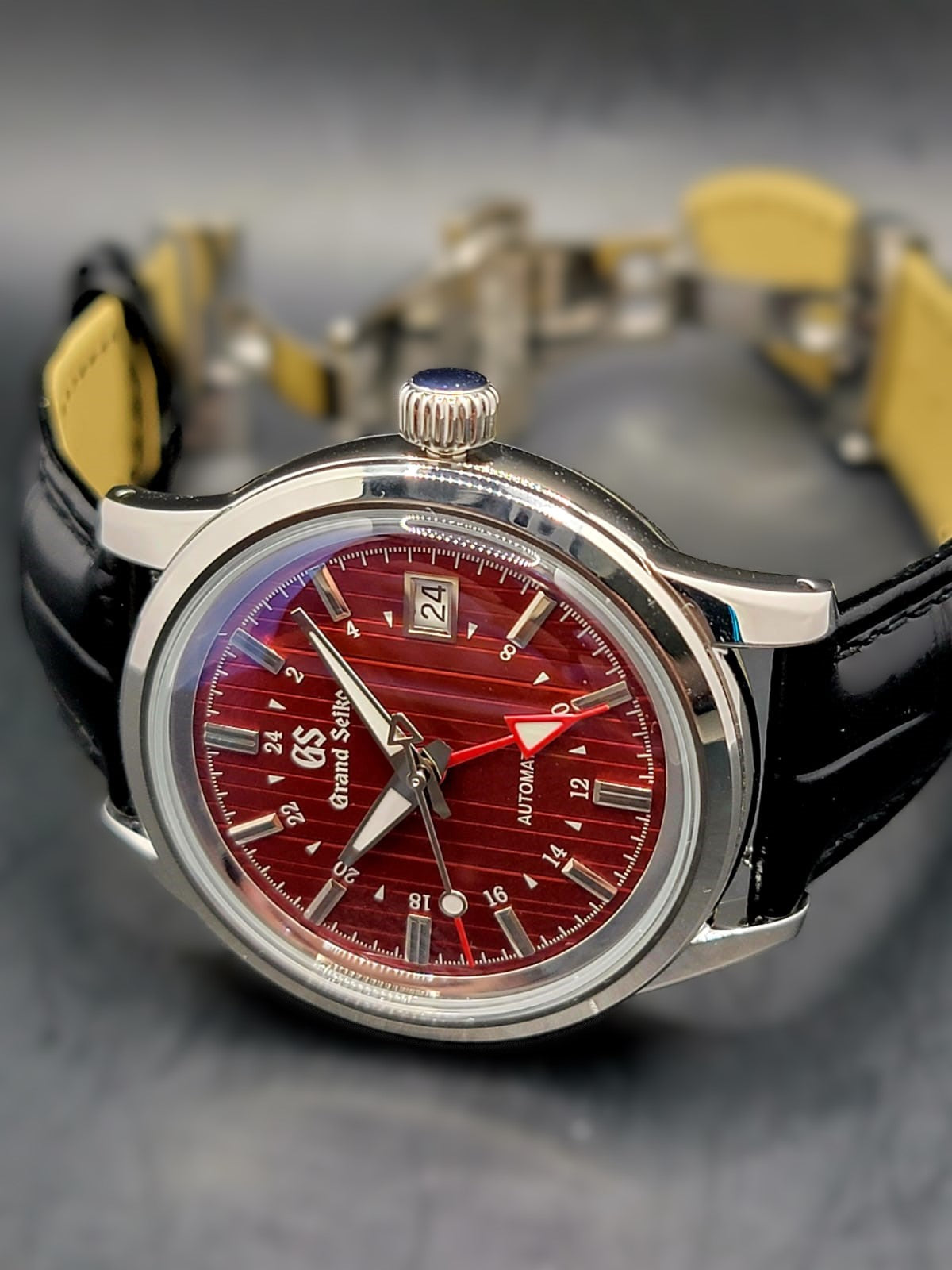 CUSTOM MOD (GRAND SEIKO ELEGANCE GMT) BURGANDY DIAL LEATHER STRAP AUTO NH34 NEW