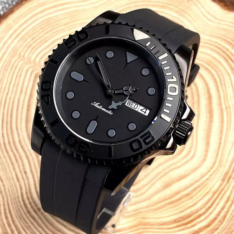 CUSTOM MOD BLACK SKX007 HOMAGE WATCH NH36 MOVEMENT DAY/DATED WITH RUBBER STRAP