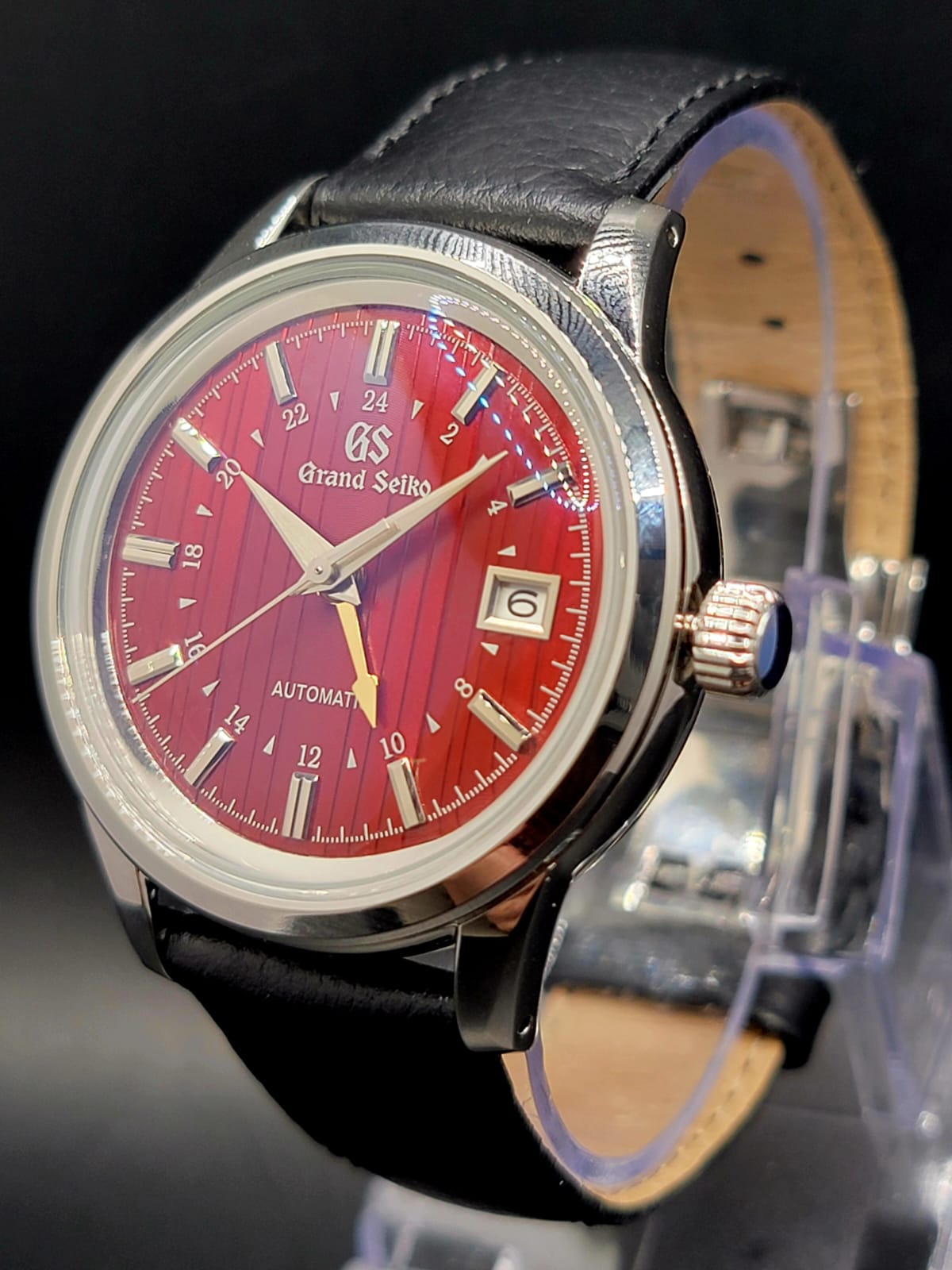 CUSTOM MOD (GRAND SEIKO ELEGANCE GMT) BURGANDY DIAL WITH GOLD GMT LEATHER STRAP AUTO NH34 NEW