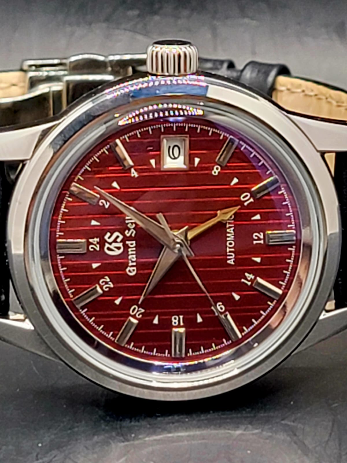 CUSTOM MOD (GRAND SEIKO ELEGANCE GMT) BURGANDY DIAL WITH GOLD GMT LEATHER STRAP AUTO NH34 NEW