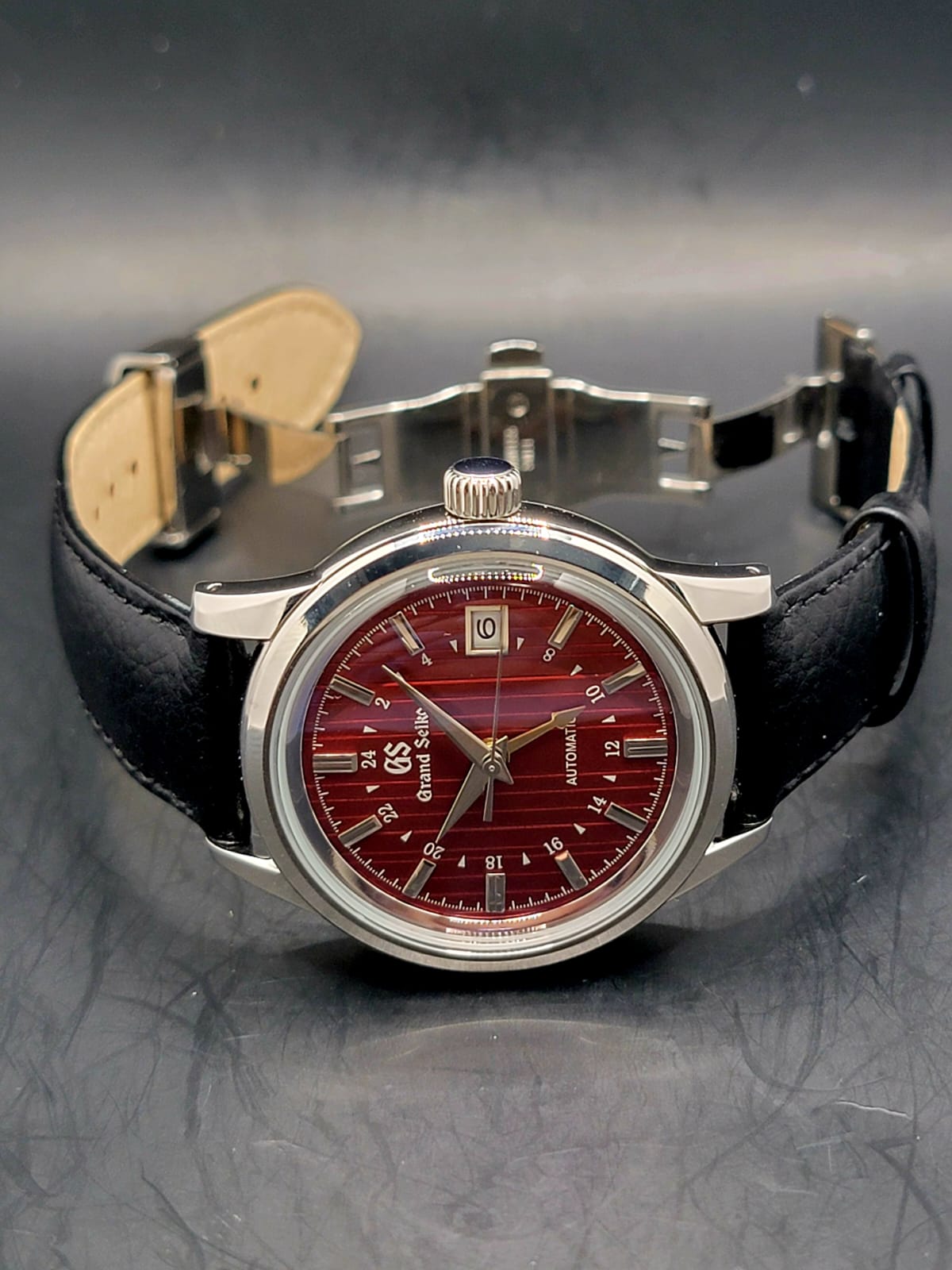 CUSTOM MOD (GRAND SEIKO ELEGANCE GMT) BURGANDY DIAL WITH GOLD GMT LEATHER STRAP AUTO NH34 NEW