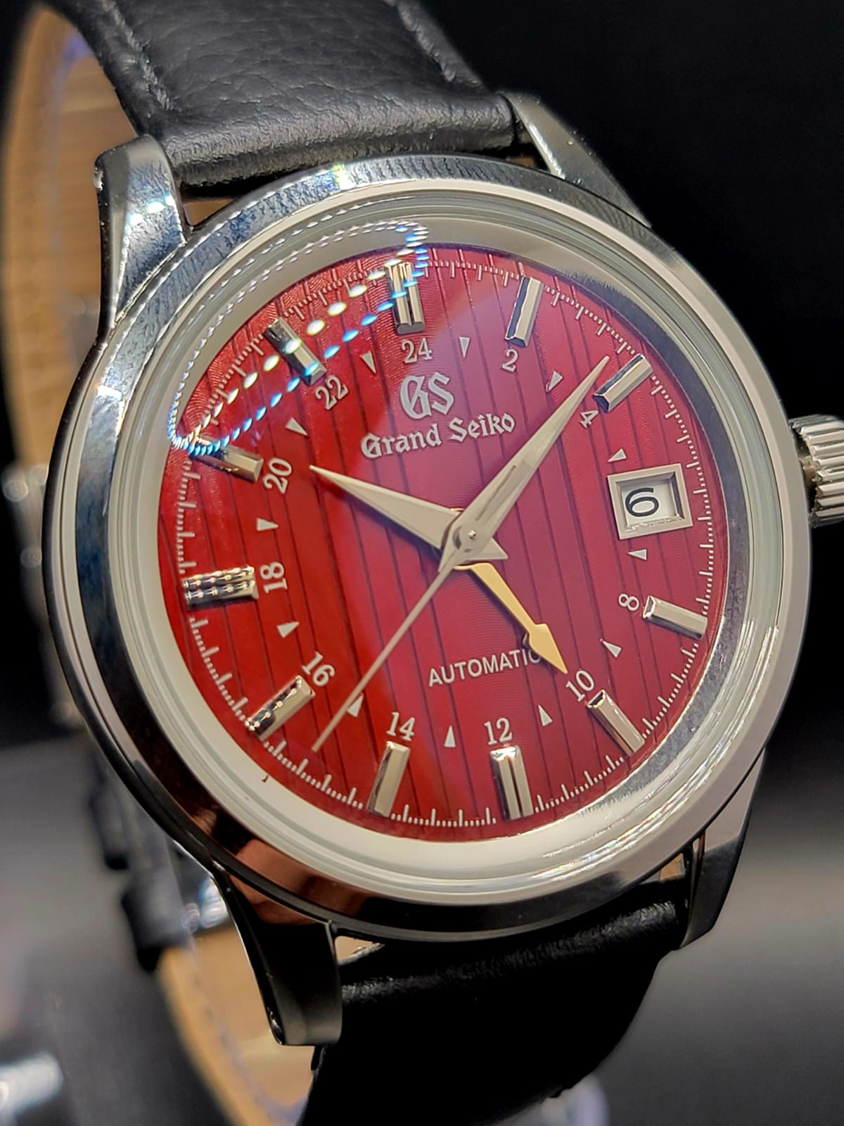 CUSTOM MOD (GRAND SEIKO ELEGANCE GMT) BURGANDY DIAL WITH GOLD GMT LEATHER STRAP AUTO NH34 NEW