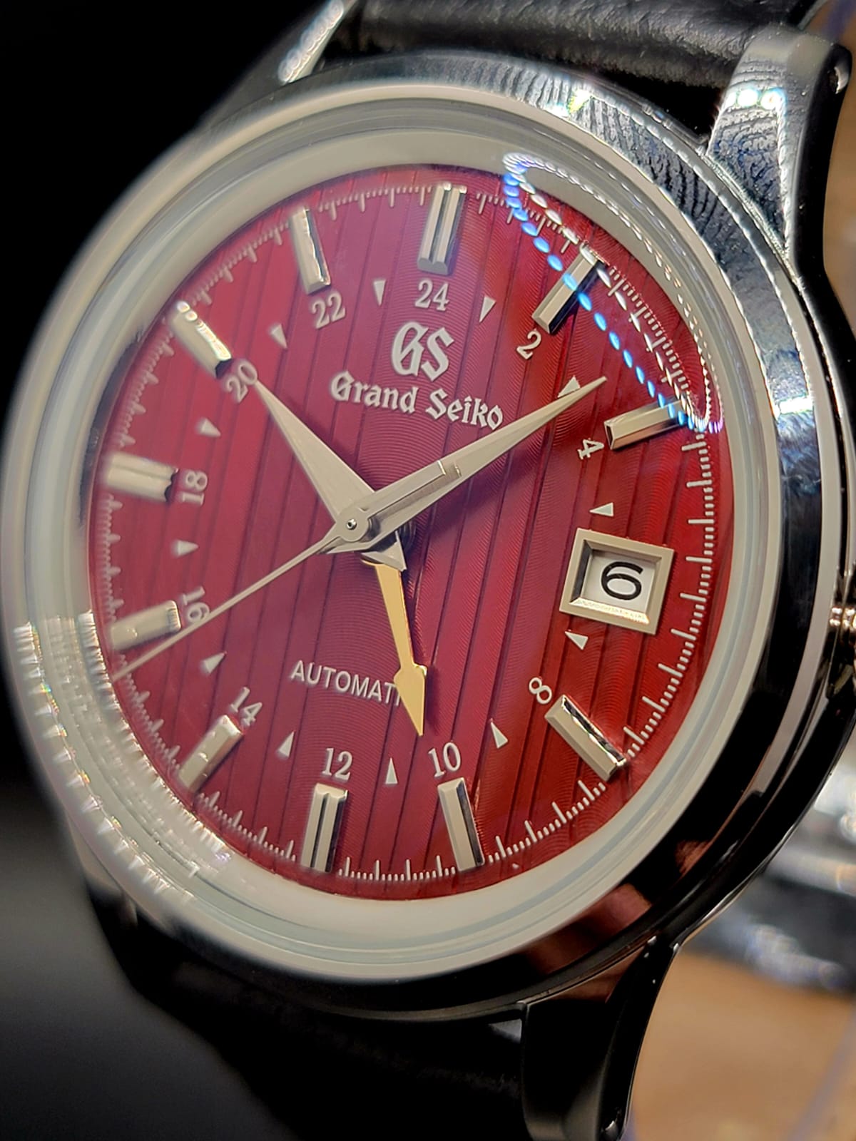 CUSTOM MOD (GRAND SEIKO ELEGANCE GMT) BURGANDY DIAL WITH GOLD GMT LEATHER STRAP AUTO NH34 NEW