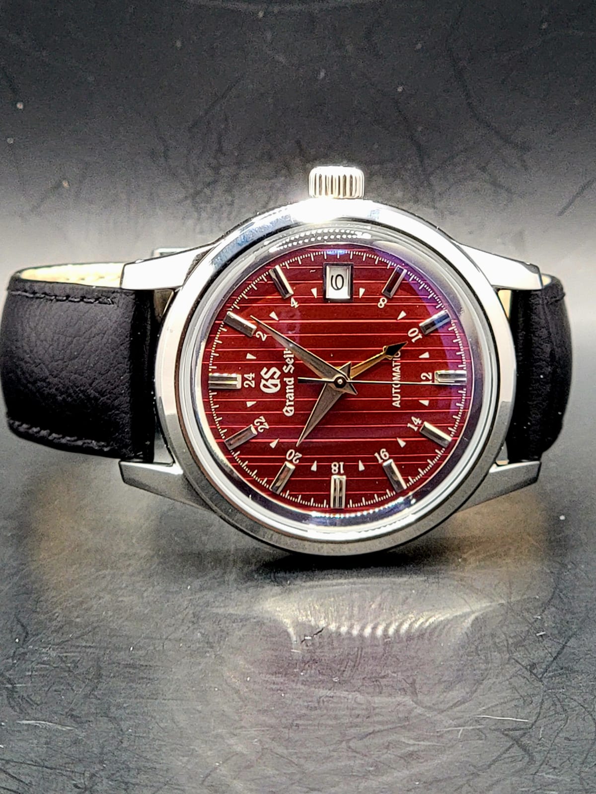 CUSTOM MOD (GRAND SEIKO ELEGANCE GMT) BURGANDY DIAL WITH GOLD GMT LEATHER STRAP AUTO NH34 NEW