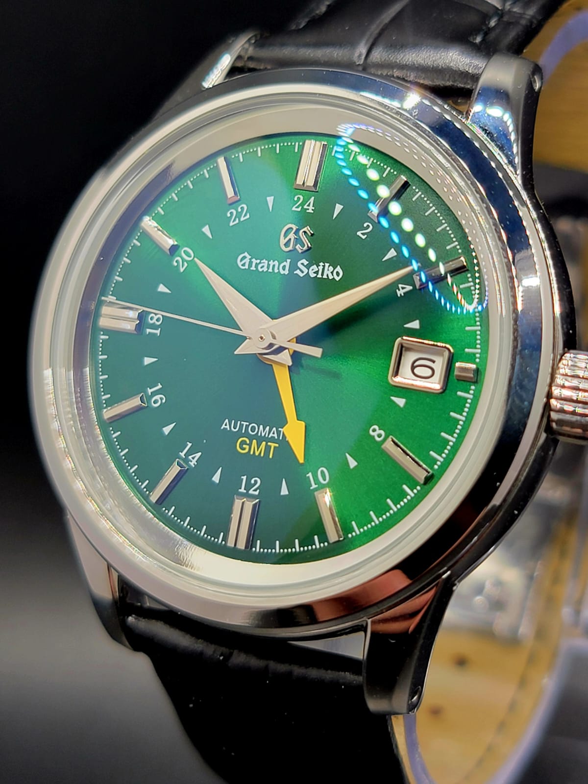 CUSTOM MOD (GRAND SEIKO ELEGANCE GMT) GREEN DIAL w LEATHER BAND AUTO NH34GMT