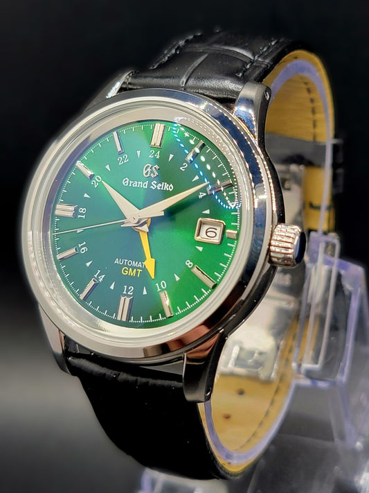 CUSTOM MOD (GRAND SEIKO ELEGANCE GMT) GREEN DIAL w LEATHER BAND AUTO NH34GMT