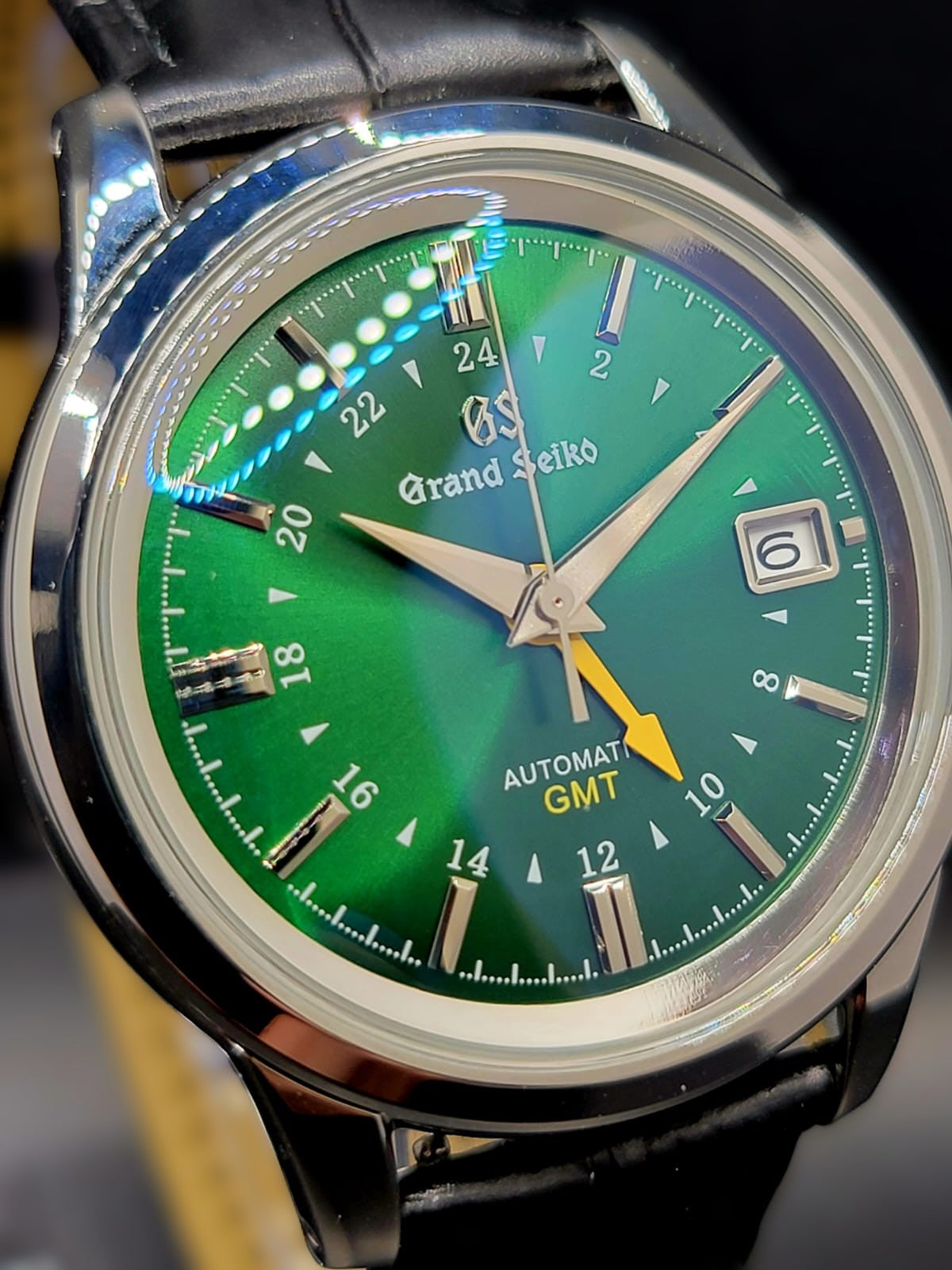 CUSTOM MOD (GRAND SEIKO ELEGANCE GMT) GREEN DIAL w LEATHER BAND AUTO NH34GMT