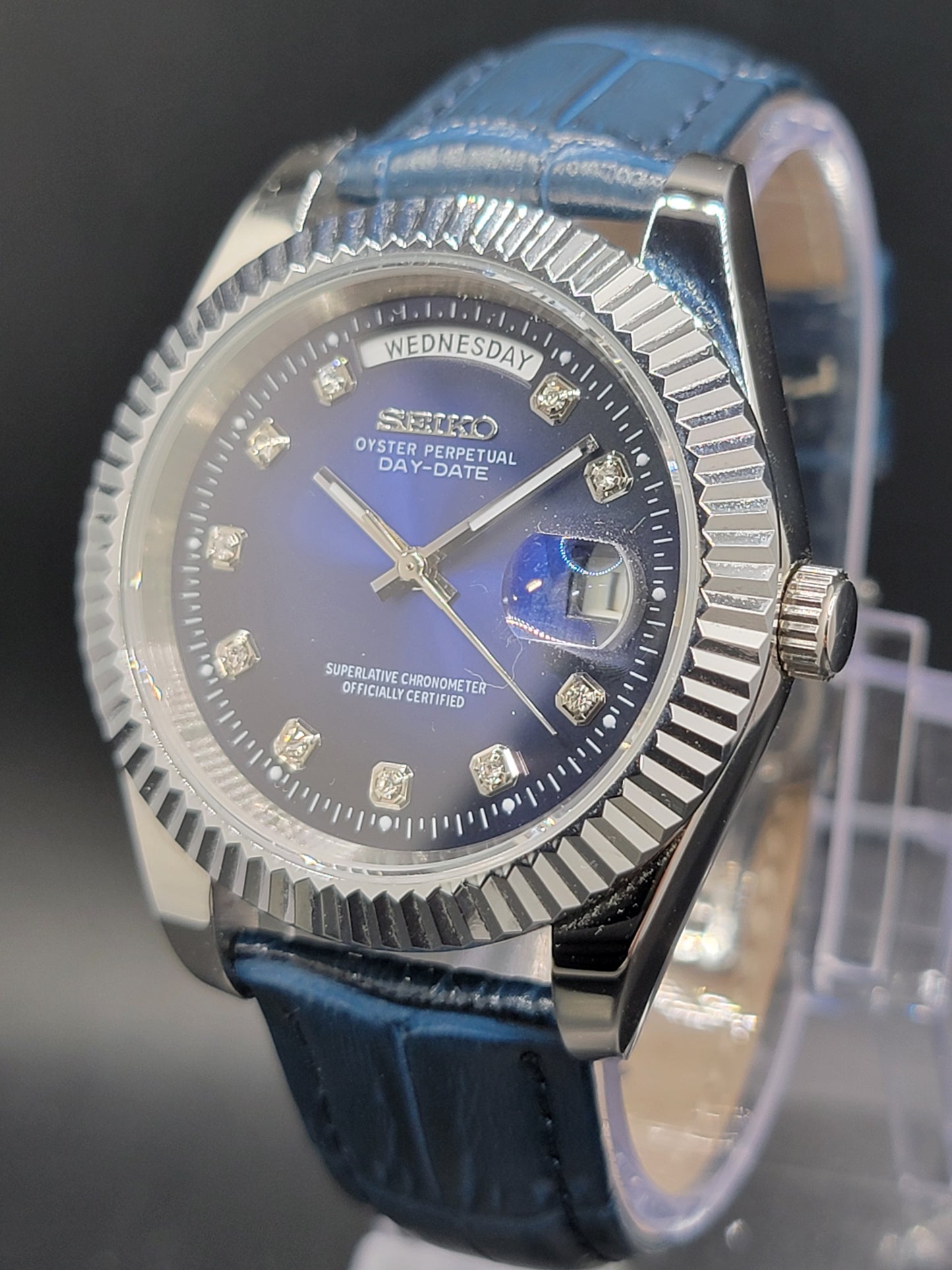 SEIKO DAYDATE MOD BLUE FACE WITH DIAMOND MARKERS AND LEATHER BAND