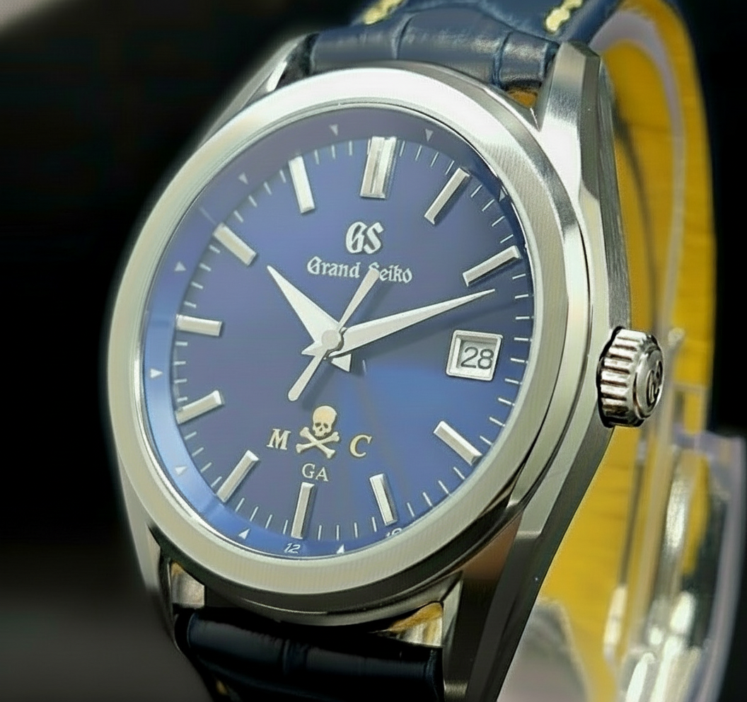 CUSTOM PREMIER MOD (GRAND SEIKO) MEDICAL COLLEGE of GA SKULL and CROSSBONES LOGO, CUSTOMIZE HAND-MADE NAVY BLUE LEATHER WITH YELLOW LINER AND STITCHING, POLISHED BUTTERFLY DEPLOYMENT CLASP, NH35 AUTOMATIC **BUILD TO ORDER***