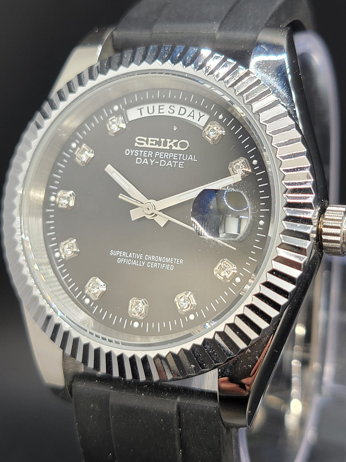 SEIKO DAYDATE MOD BLACK FACE WITH DIAMOND MARKERS AND RUBBER BAND