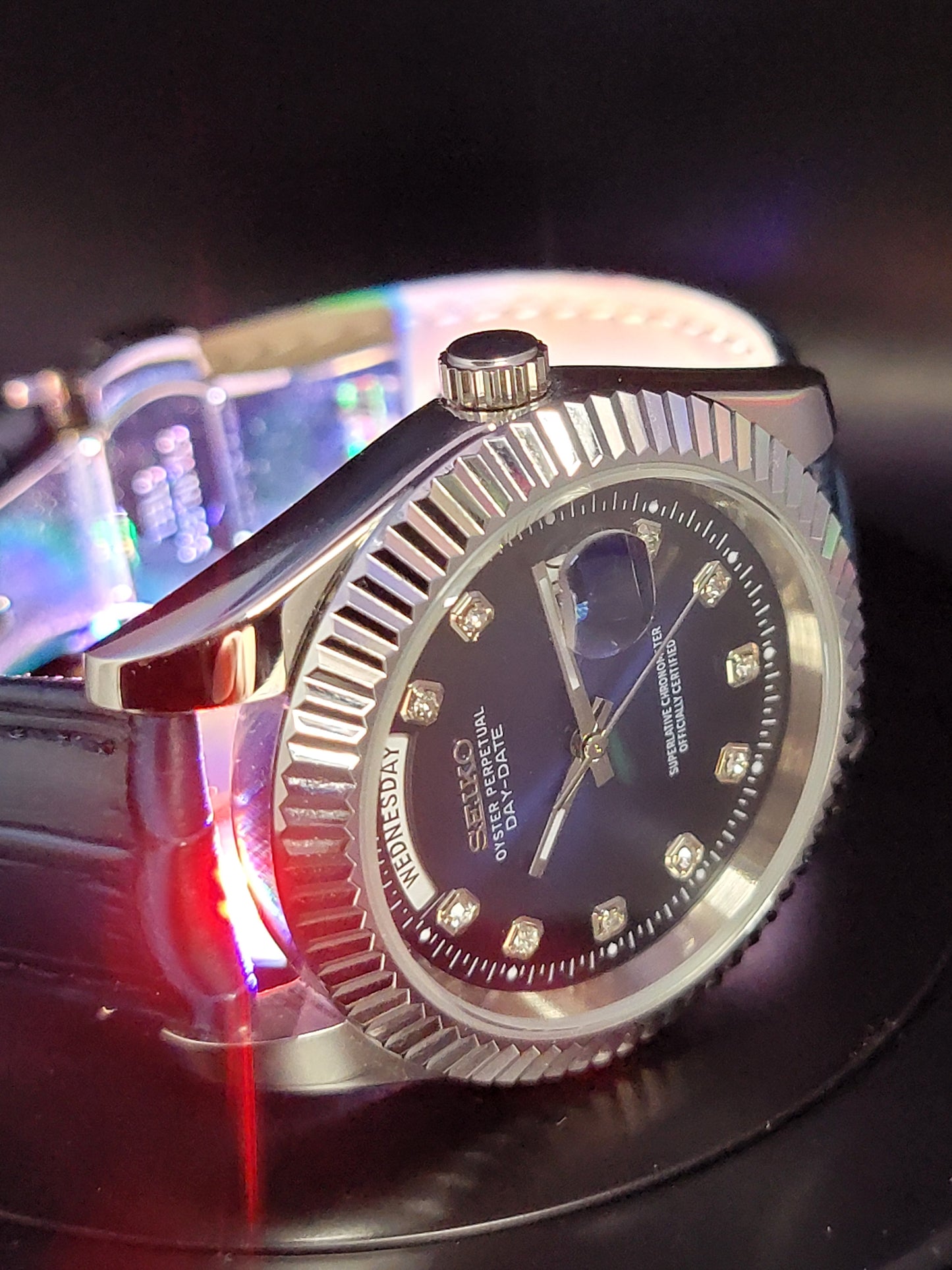 SEIKO DAYDATE MOD BLUE FACE WITH DIAMOND MARKERS AND LEATHER BAND