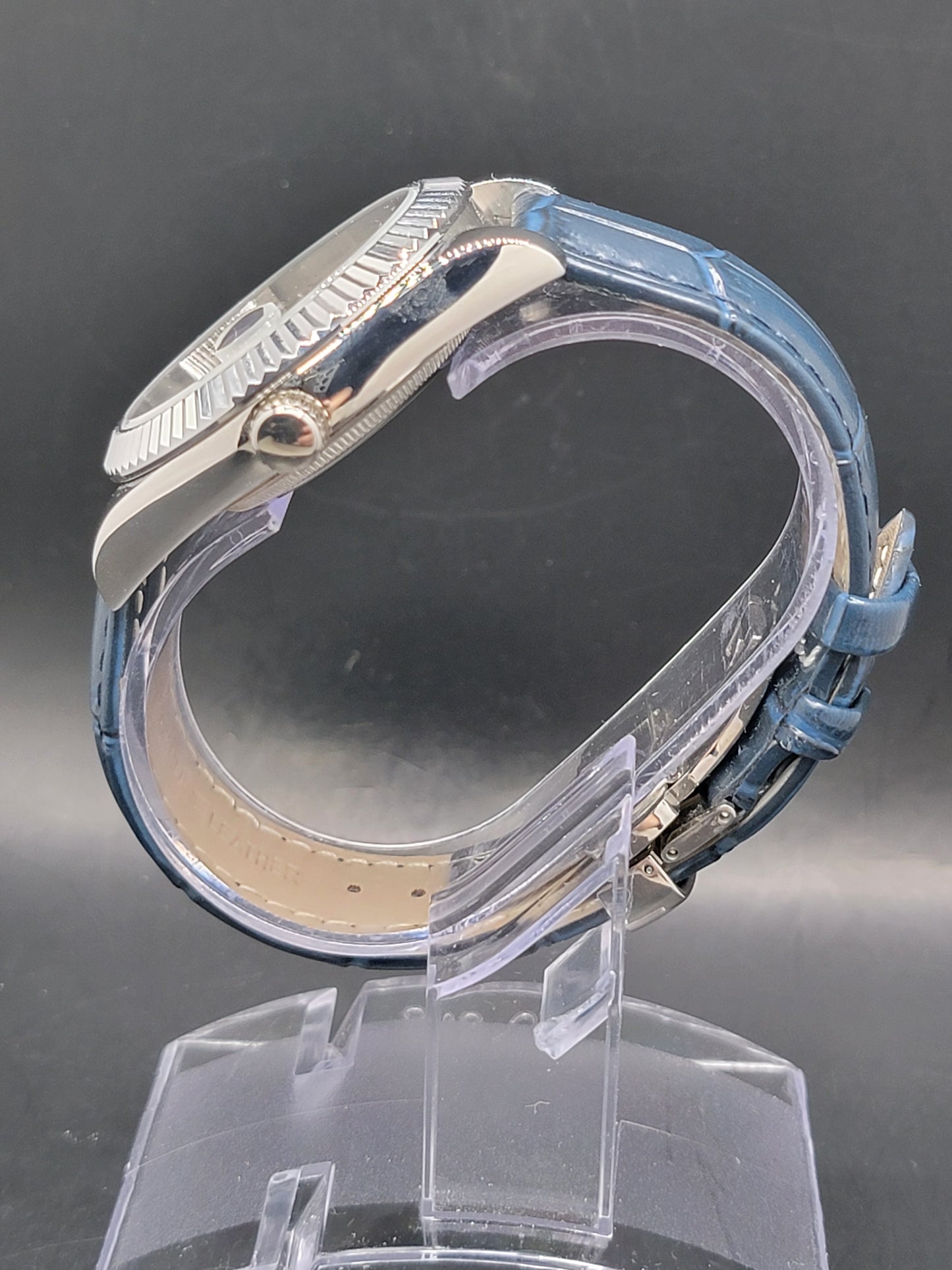 SEIKO DAYDATE MOD BLUE FACE WITH DIAMOND MARKERS AND LEATHER BAND