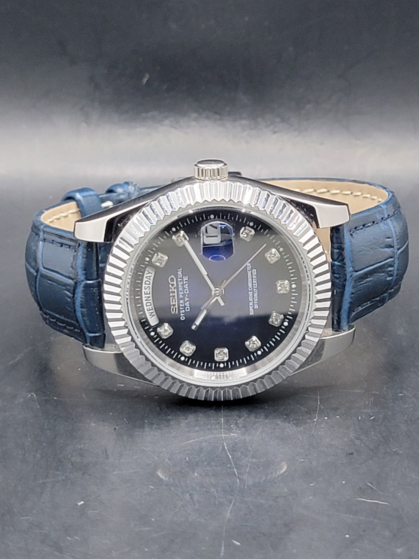 SEIKO DAYDATE MOD BLUE FACE WITH DIAMOND MARKERS AND LEATHER BAND
