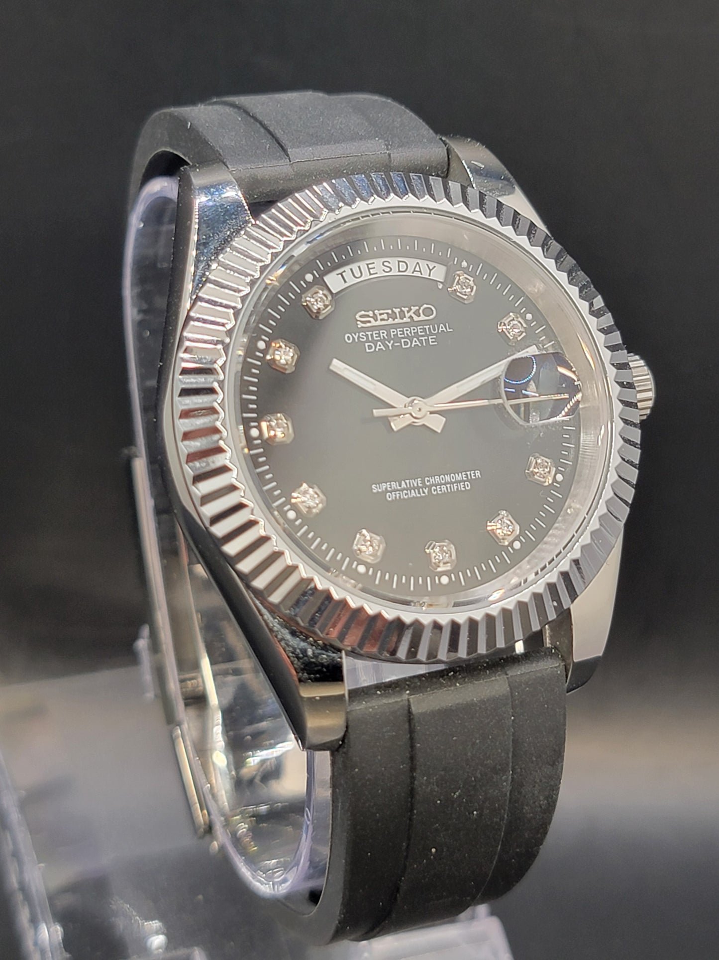 SEIKO DAYDATE MOD BLACK FACE WITH DIAMOND MARKERS AND RUBBER BAND