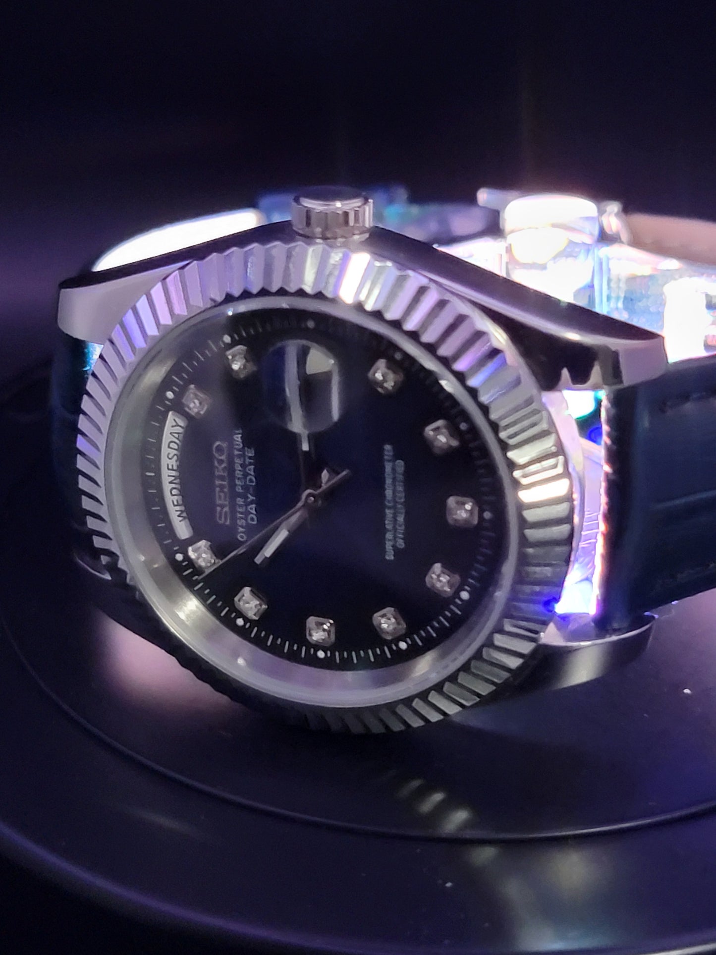 SEIKO DAYDATE MOD BLUE FACE WITH DIAMOND MARKERS AND LEATHER BAND