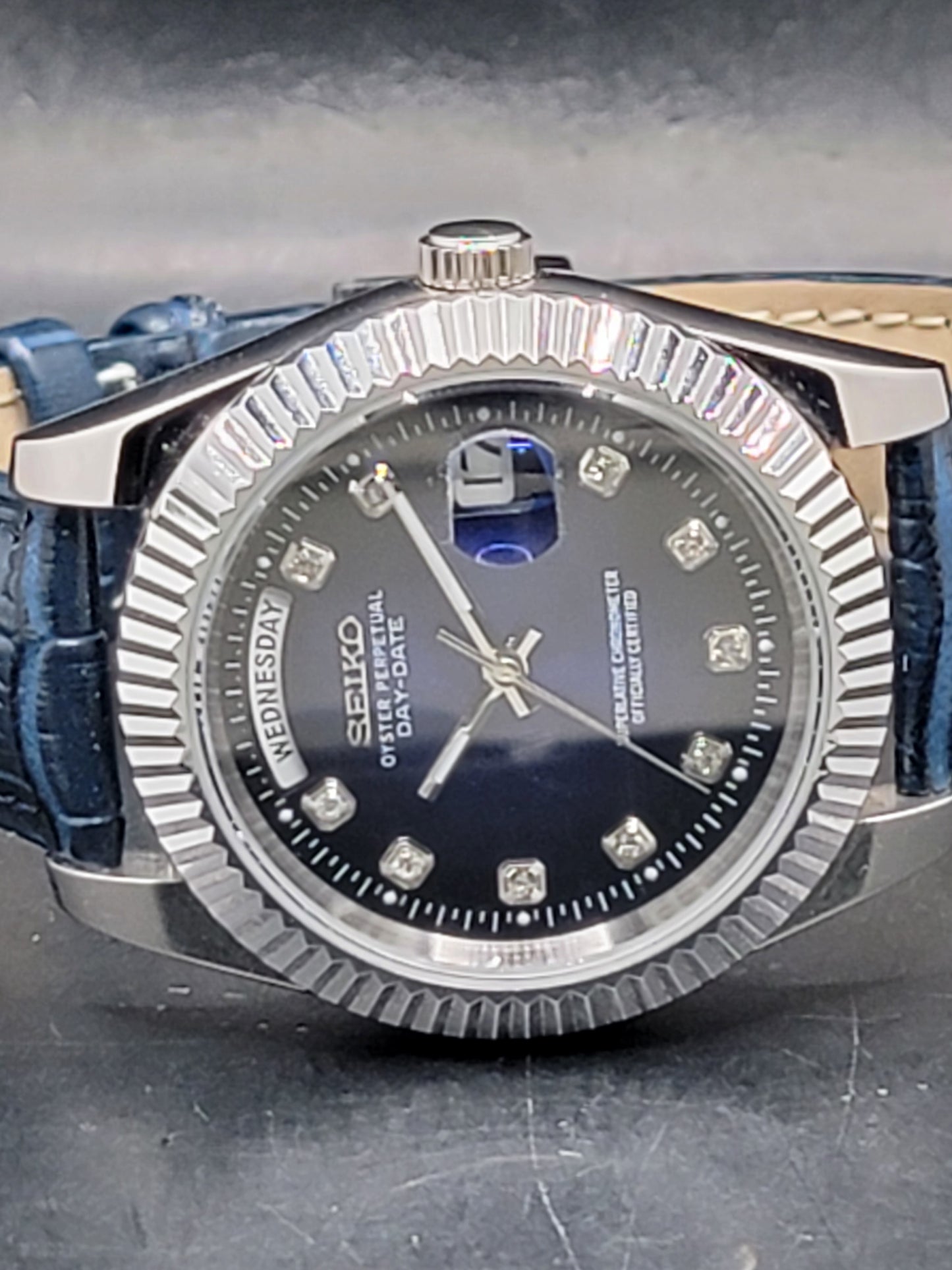 SEIKO DAYDATE MOD BLUE FACE WITH DIAMOND MARKERS AND LEATHER BAND