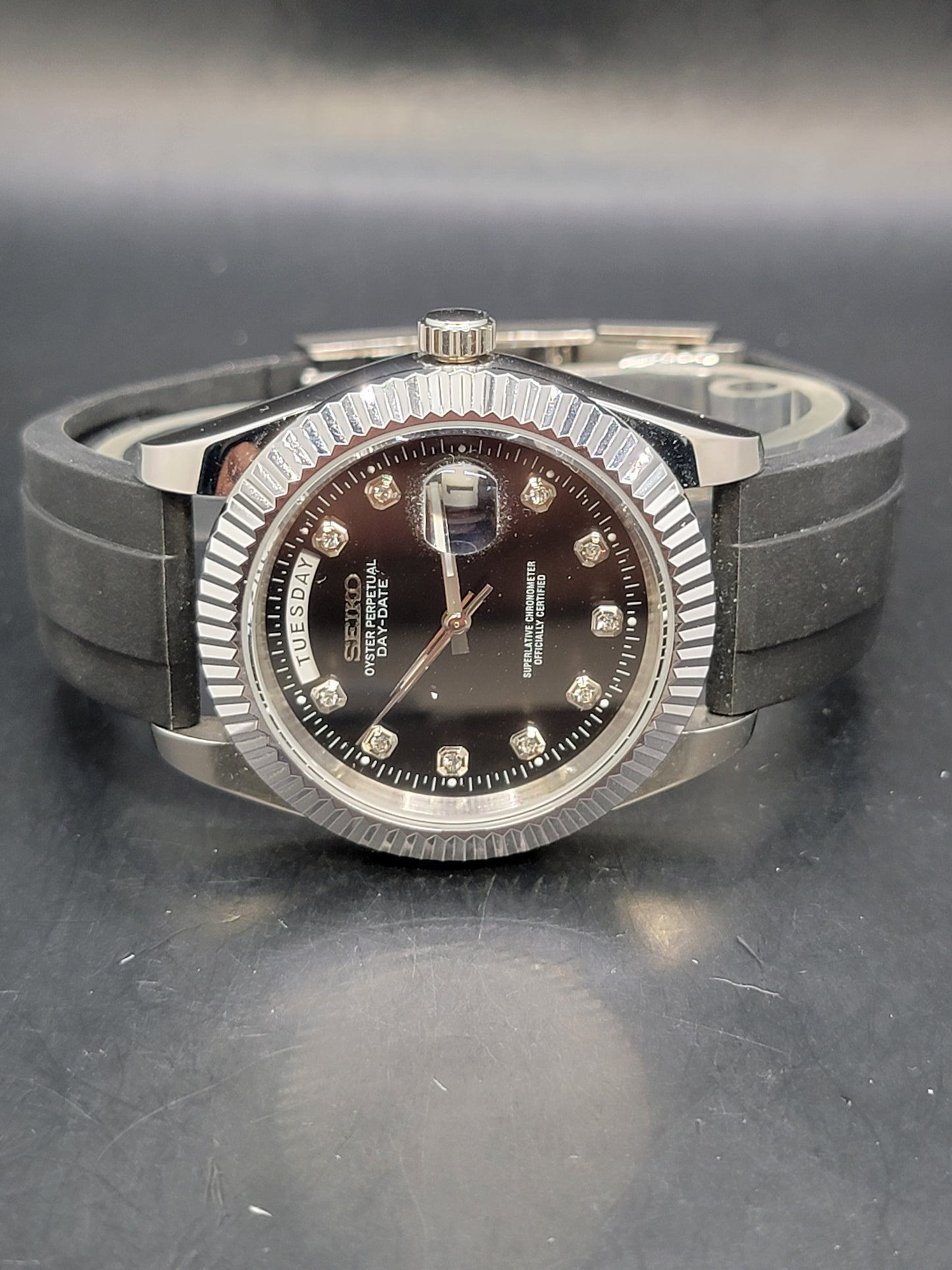 SEIKO DAYDATE MOD BLACK FACE WITH DIAMOND MARKERS AND RUBBER BAND