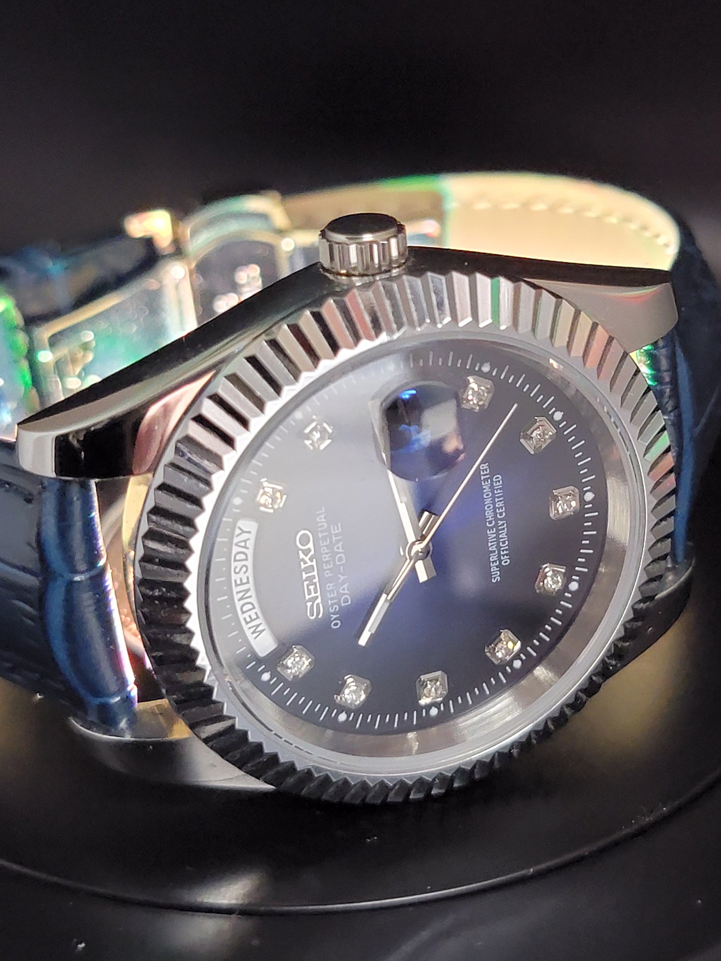 SEIKO DAYDATE MOD BLUE FACE WITH DIAMOND MARKERS AND LEATHER BAND