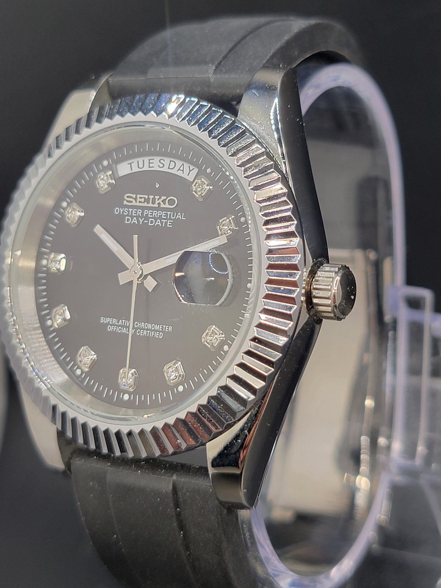 SEIKO DAYDATE MOD BLACK FACE WITH DIAMOND MARKERS AND RUBBER BAND