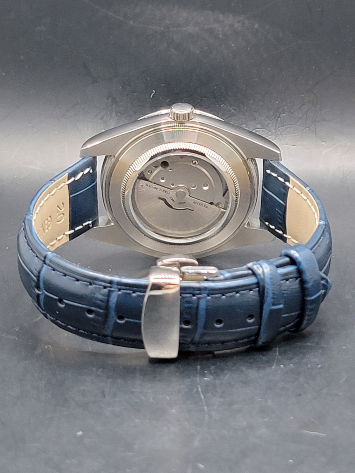 SEIKO DAYDATE MOD BLUE FACE WITH DIAMOND MARKERS AND LEATHER BAND