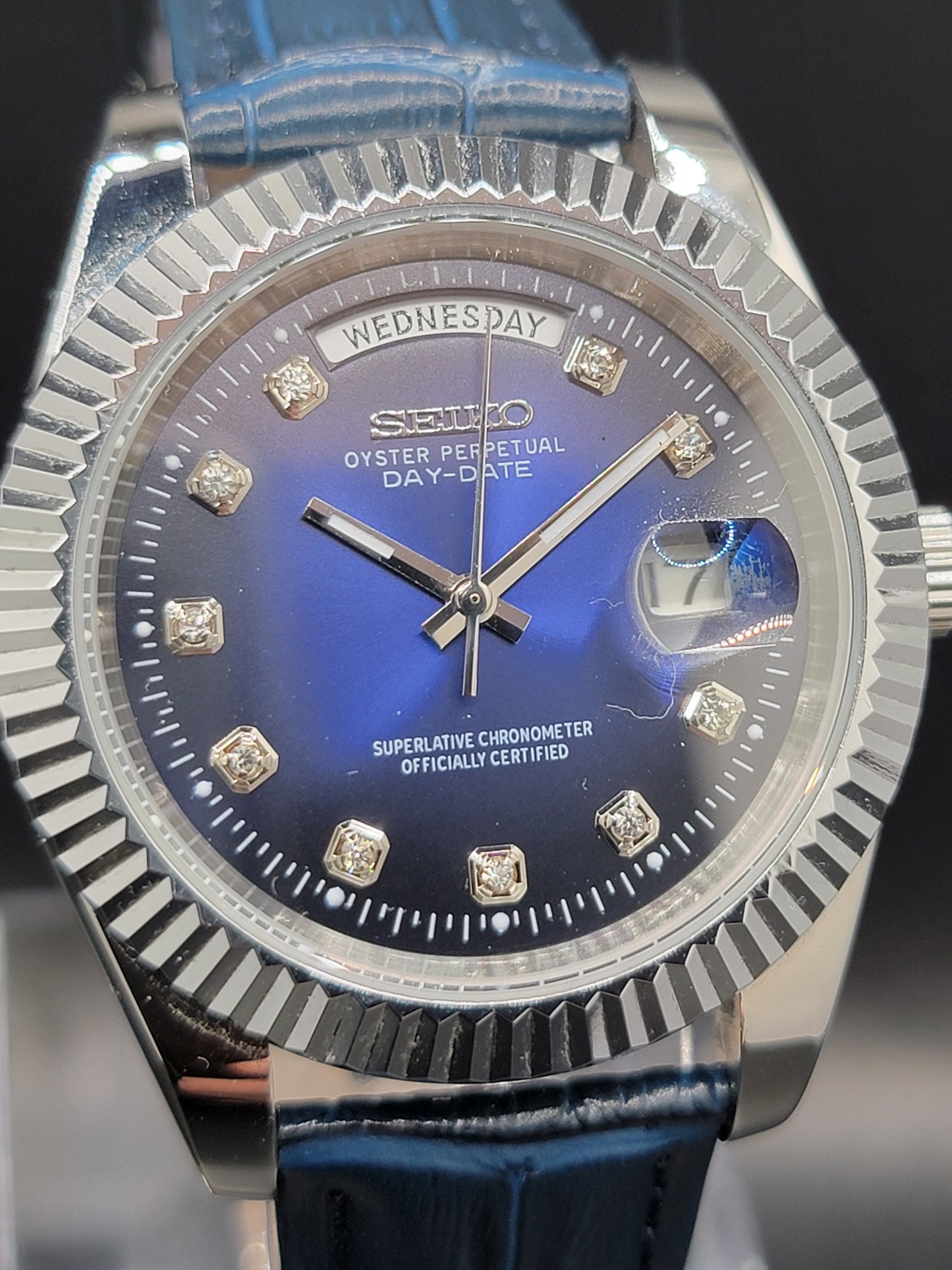 SEIKO DAYDATE MOD BLUE FACE WITH DIAMOND MARKERS AND LEATHER BAND