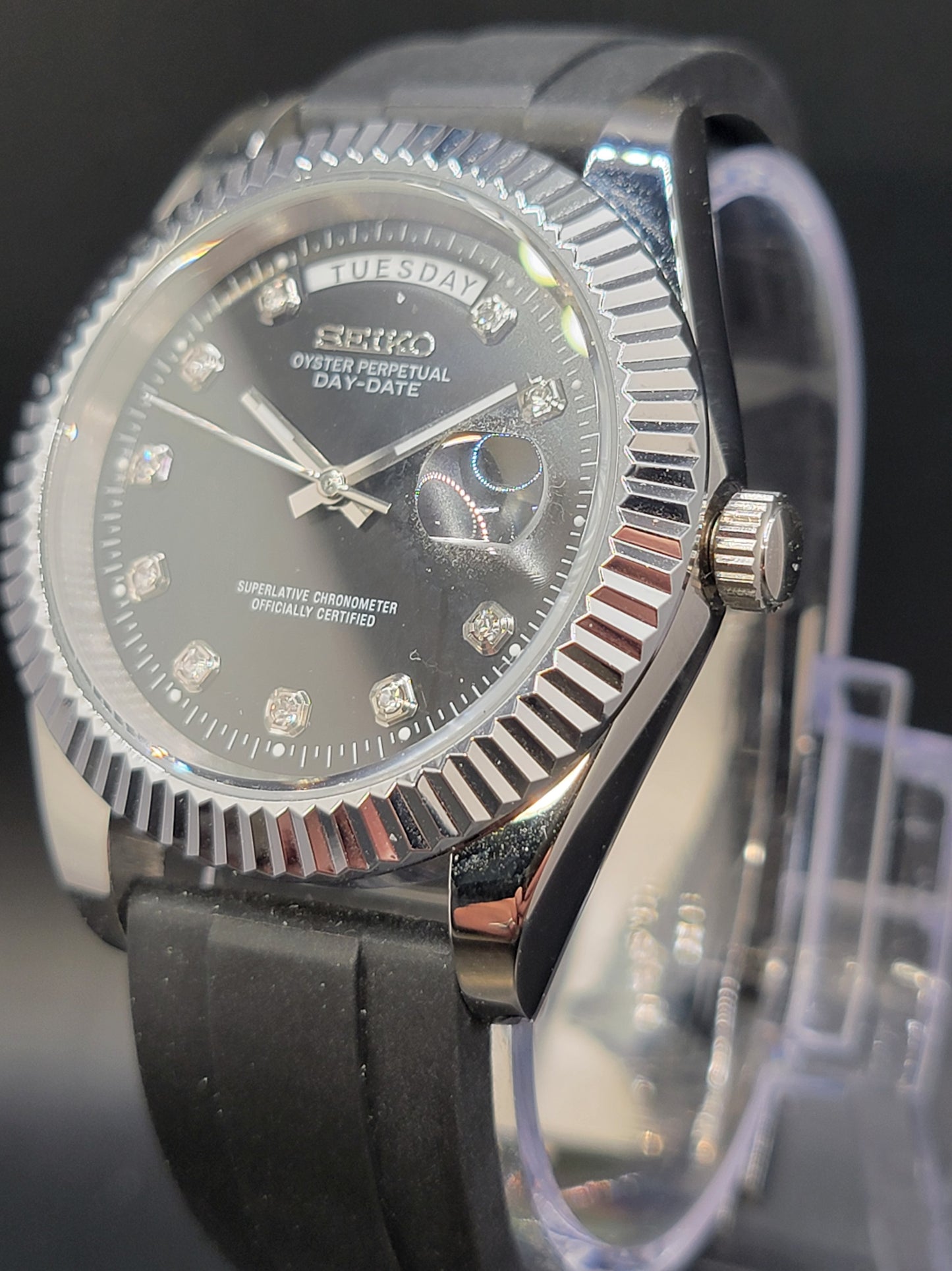 SEIKO DAYDATE MOD BLACK FACE WITH DIAMOND MARKERS AND RUBBER BAND