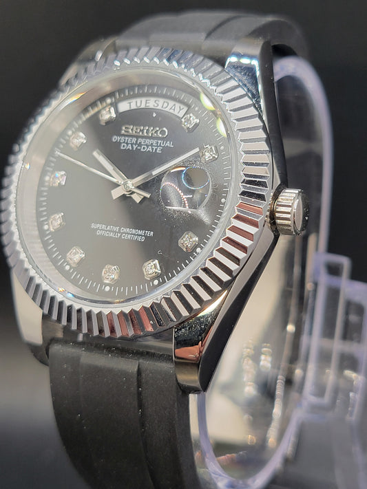 SEIKO DAYDATE MOD BLACK FACE WITH DIAMOND MARKERS AND RUBBER BAND