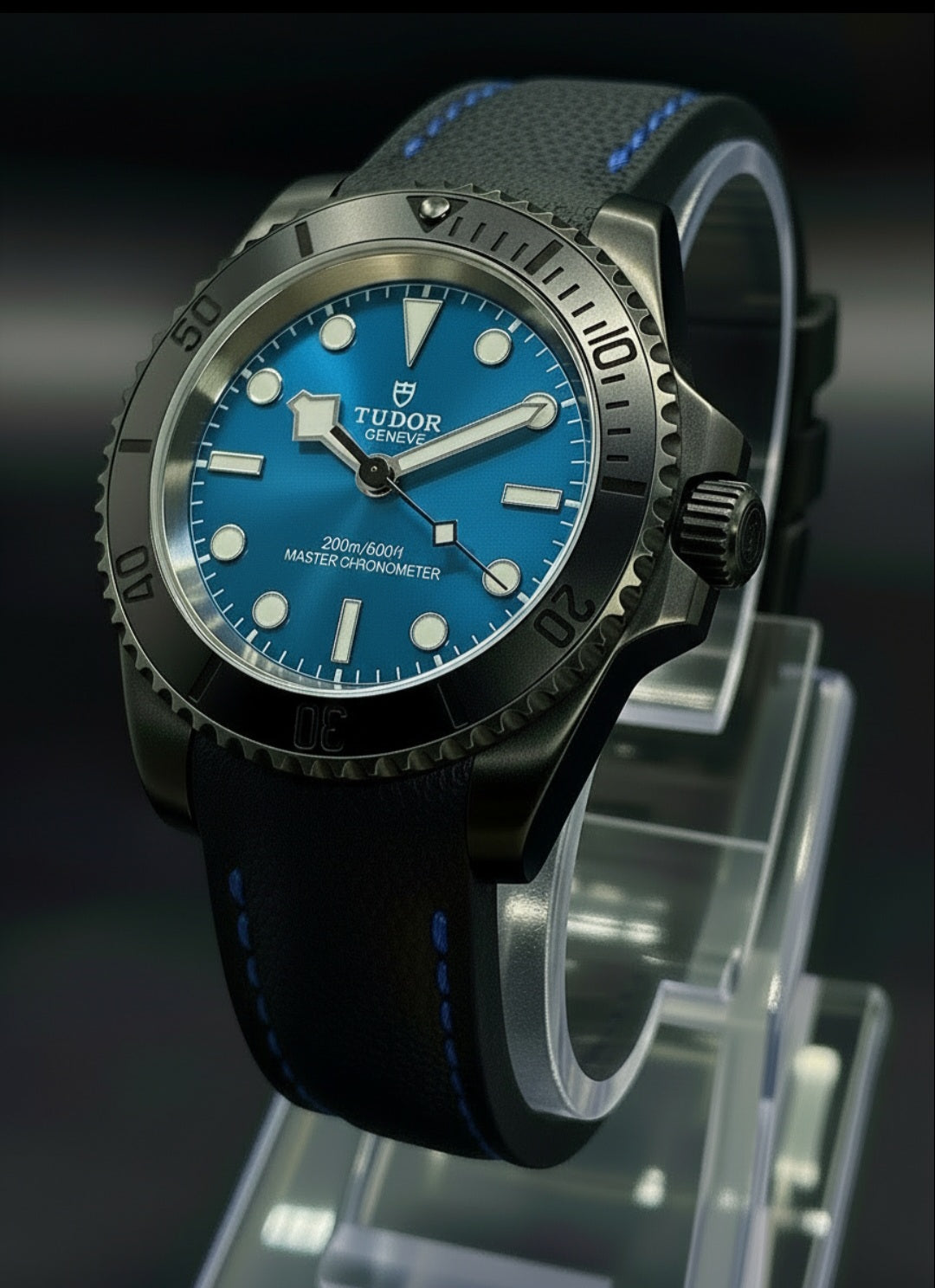 CUSTOM TUDOR MOD BLUE DIAL AND BLACK CASE AND SPORT RUBBER BAND (BUILD- TO- ORDER SAVE $50)