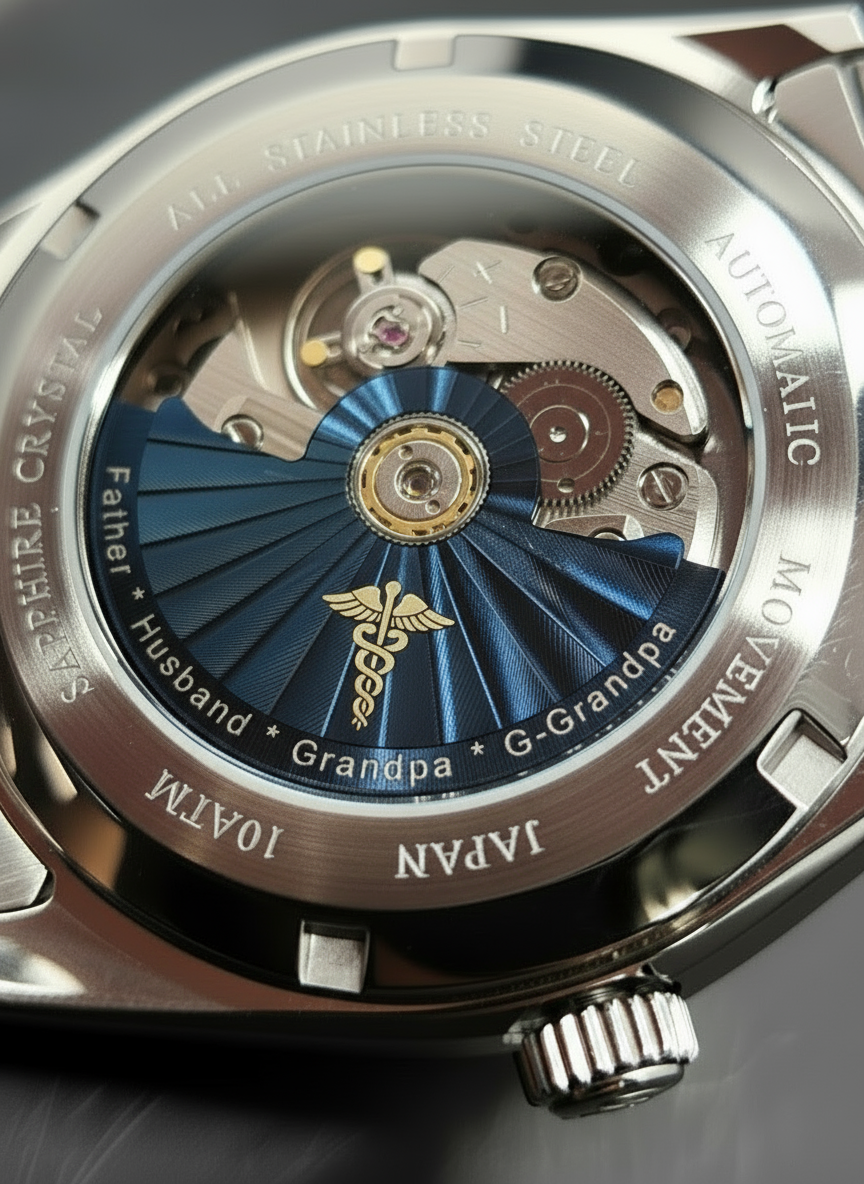 CUSTOM PREMIER MOD (GRAND SEIKO) MEDICAL COLLEGE of GA SKULL and CROSSBONES LOGO, CUSTOMIZE HAND-MADE NAVY BLUE LEATHER WITH YELLOW LINER AND STITCHING, POLISHED BUTTERFLY DEPLOYMENT CLASP, NH35 AUTOMATIC **BUILD TO ORDER***